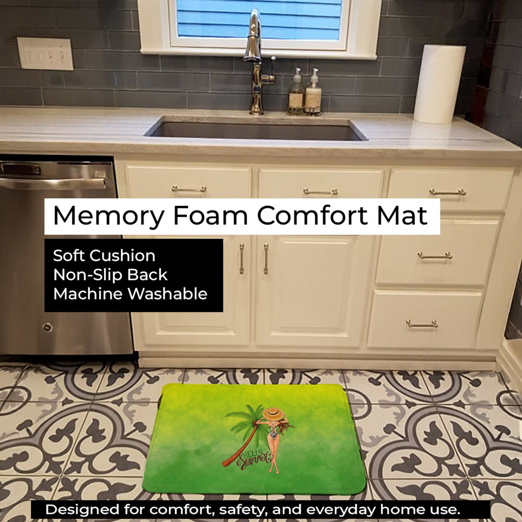 Hello Summer Lady in Swimsuit Memory Foam Kitchen Mat Machine Washable Anti-Fatigue Cushion Comfort Bath or Kitchen Rug