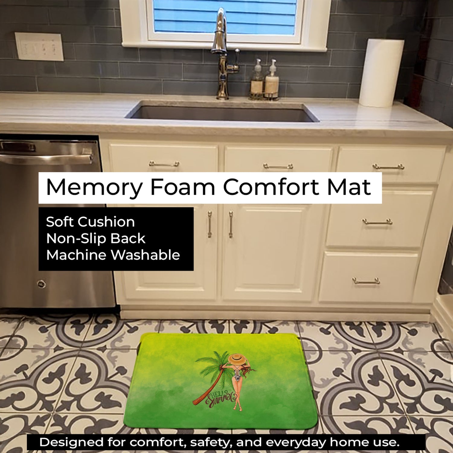 Hello Summer Lady in Swimsuit Memory Foam Kitchen Mat Machine Washable Anti-Fatigue Cushion Comfort Bath or Kitchen Rug