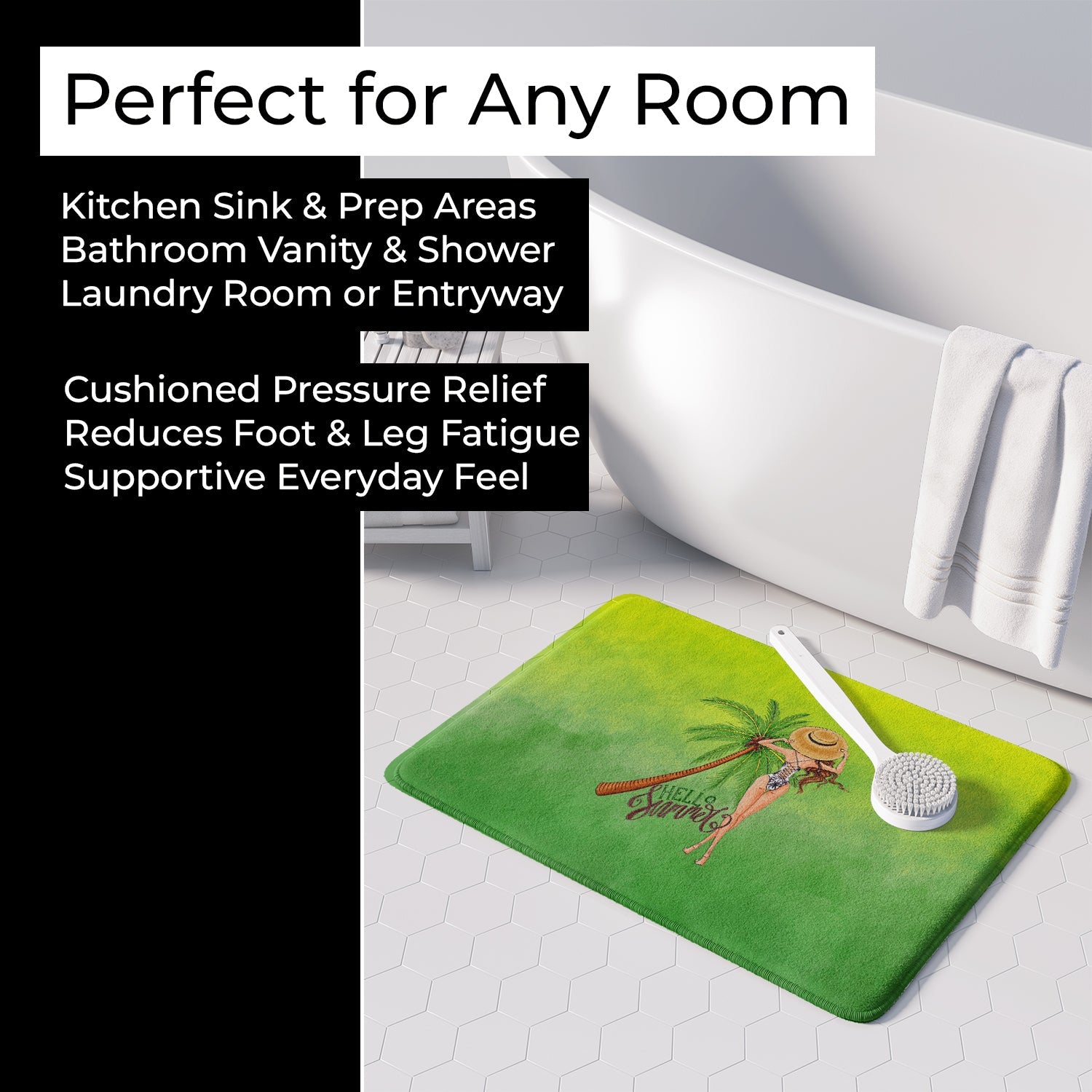 Hello Summer Lady in Swimsuit Memory Foam Kitchen Mat Machine Washable Anti-Fatigue Cushion Comfort Bath or Kitchen Rug