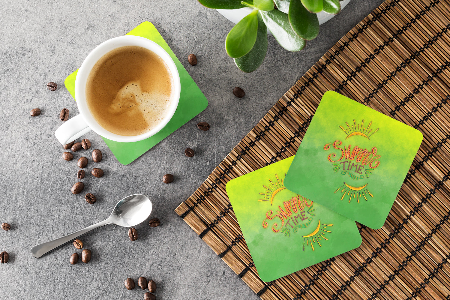 Summer Time Foam Coasters Set of 4 Cup Coasters for Indoor Outdoor, Tabletop Protection, Anti Slip, Mouse pad Material
