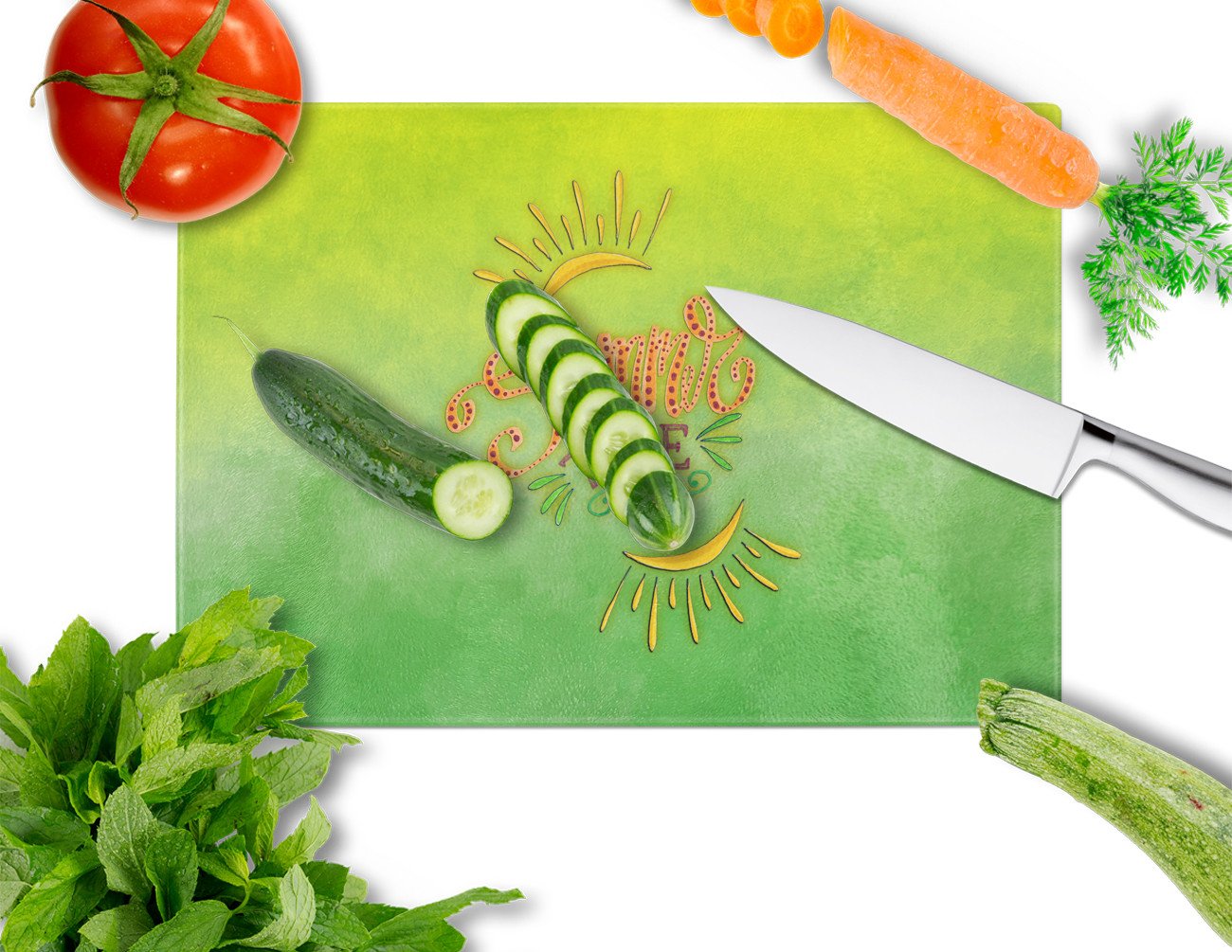 Summer Time Cutting Board Tempered Glass Kitchen Cutting Surface, Heat Resistant Chopping, Non-Slip Feet, Food Prep & Serving