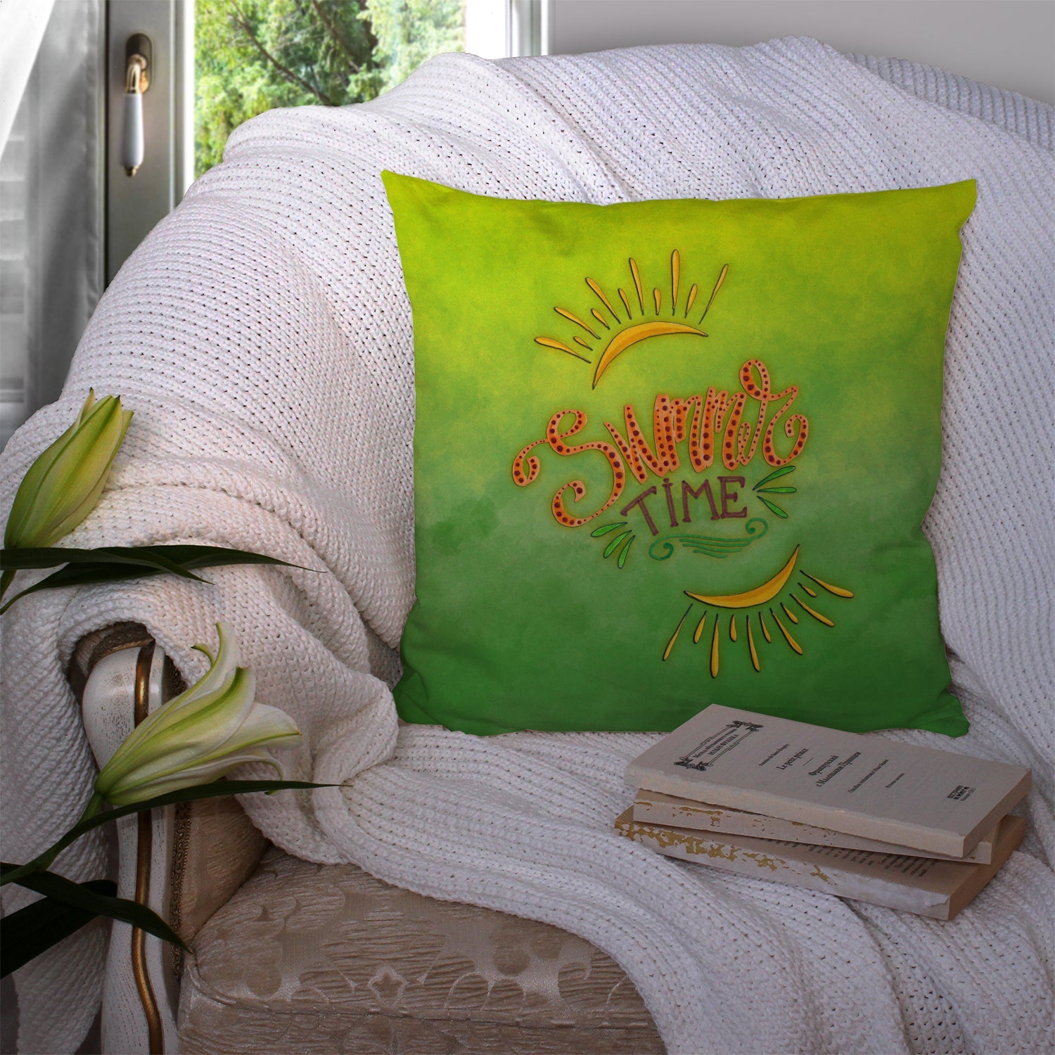 Summer Time Decorative Throw Pillow 14x14 Indoor Outdoor Accent Cushion, Fabric Cover with Insert for Sofa, Bed, Porch & Living Room