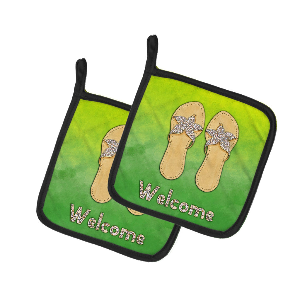 Flip Flops Welcome Pot Holder Set of 2 Heat Resistant Quilted Hot Pads 7.5 x 7.5 Inch, Insulated Kitchen Trivets for Cooking & Baking