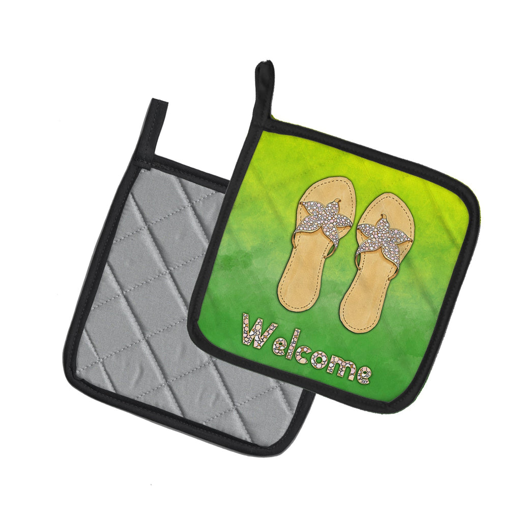 Flip Flops Welcome Pot Holder Set of 2 Heat Resistant Quilted Hot Pads 7.5 x 7.5 Inch, Insulated Kitchen Trivets for Cooking & Baking