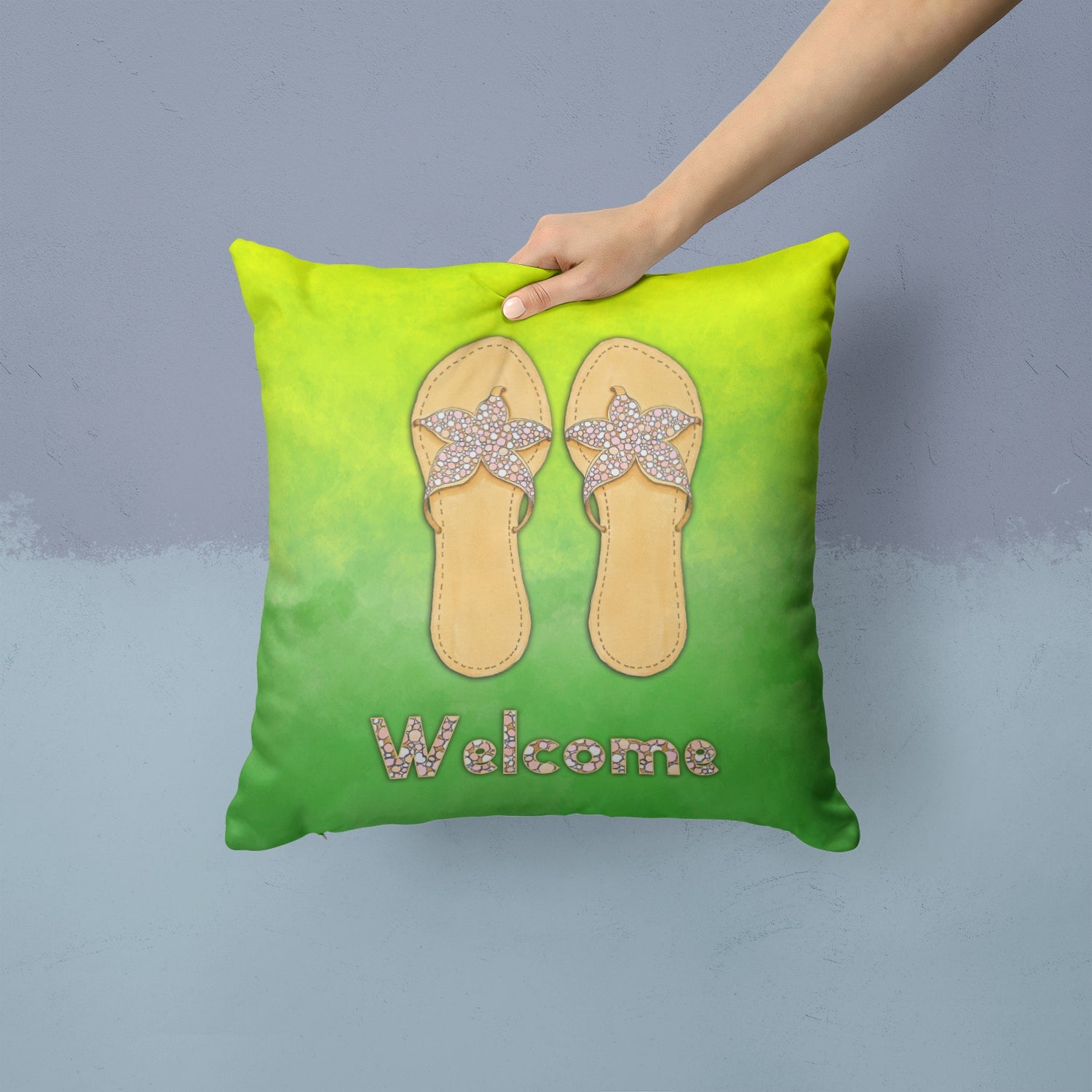 Flip Flops Welcome Decorative Throw Pillow 14x14 Indoor Outdoor Accent Cushion, Fabric Cover with Insert for Sofa, Bed, Porch & Living Room