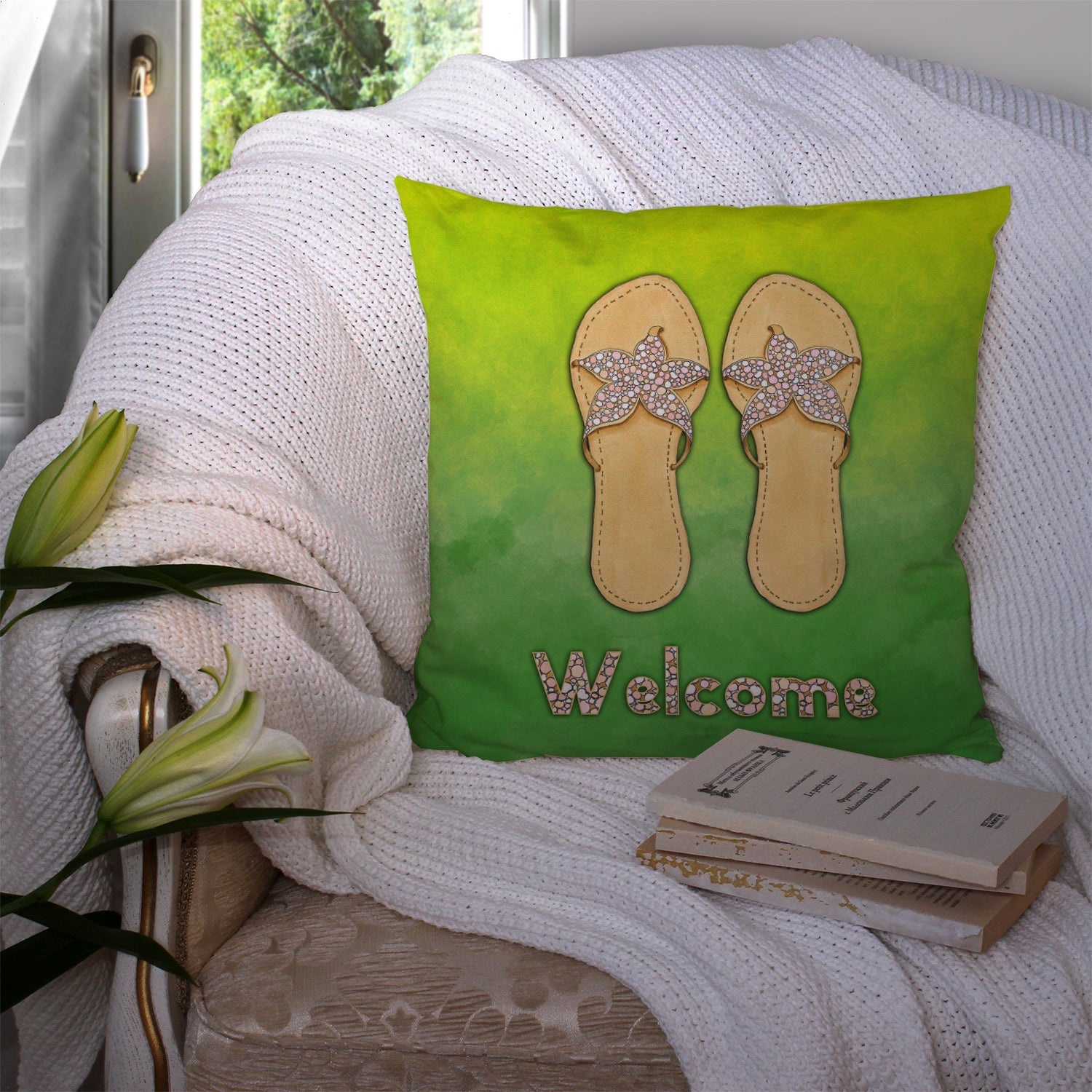Flip Flops Welcome Decorative Throw Pillow 14x14 Indoor Outdoor Accent Cushion, Fabric Cover with Insert for Sofa, Bed, Porch & Living Room
