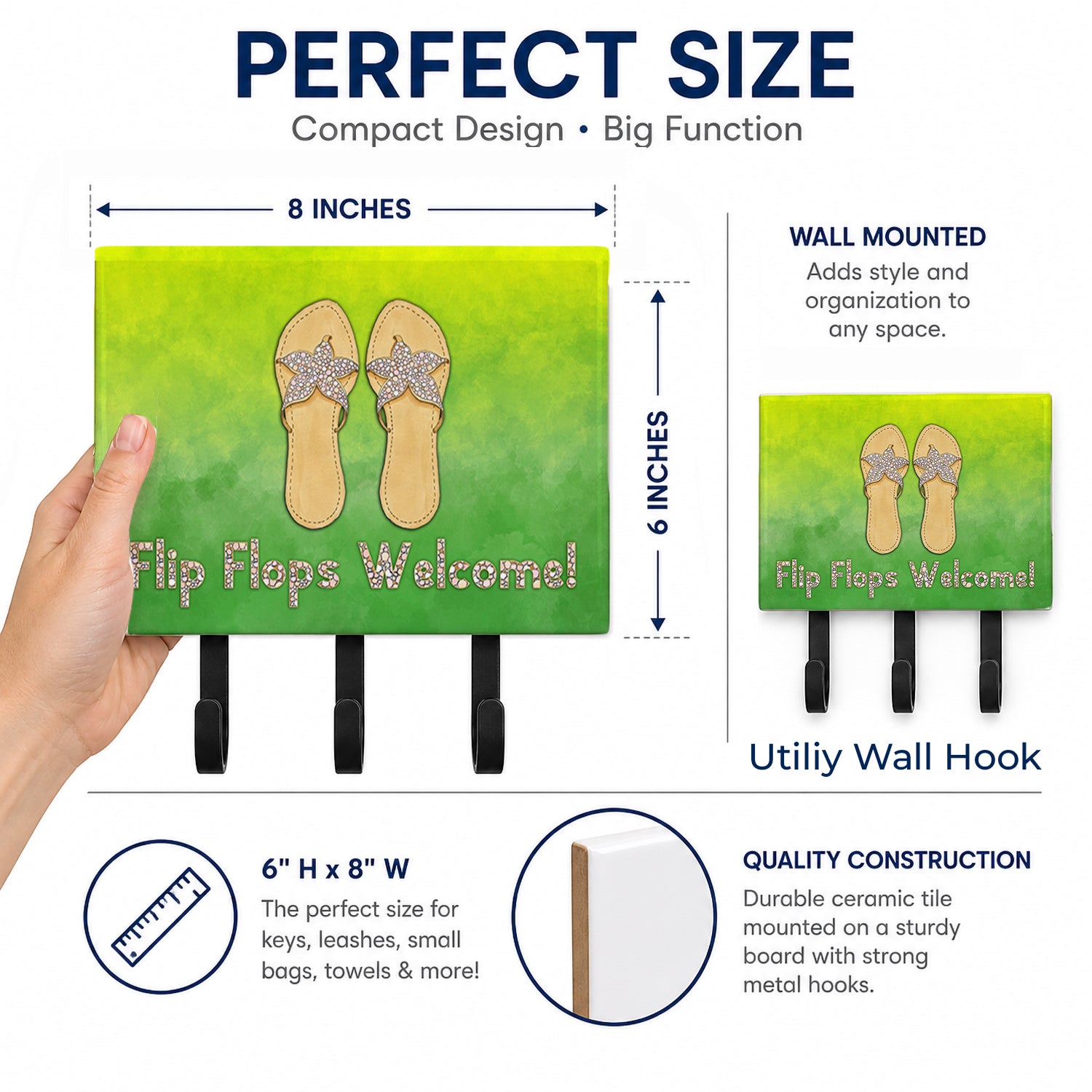 Flip Flops Welcome Leash or Key Holder Wall Hooks, Coat Rack Wall Mount, for Hanging Keys, Towels, Aprons, Leashes