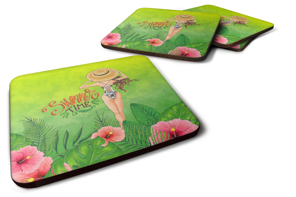 Summer Time Lady in Swimsuit Foam Coasters Set of 4 Cup Coasters for Indoor Outdoor, Tabletop Protection, Anti Slip, Mouse pad Material