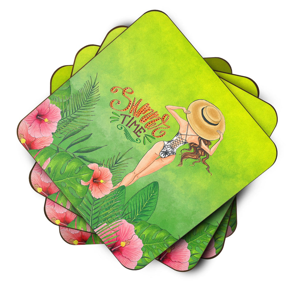 Summer Time Lady in Swimsuit Foam Coasters Set of 4 Cup Coasters for Indoor Outdoor, Tabletop Protection, Anti Slip, Mouse pad Material