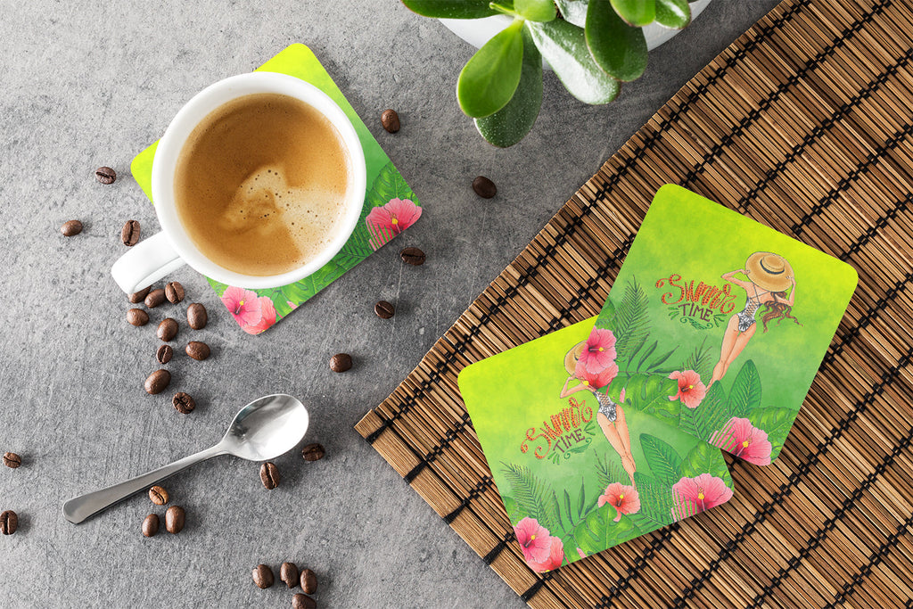 Summer Time Lady in Swimsuit Foam Coasters Set of 4 Cup Coasters for Indoor Outdoor, Tabletop Protection, Anti Slip, Mouse pad Material
