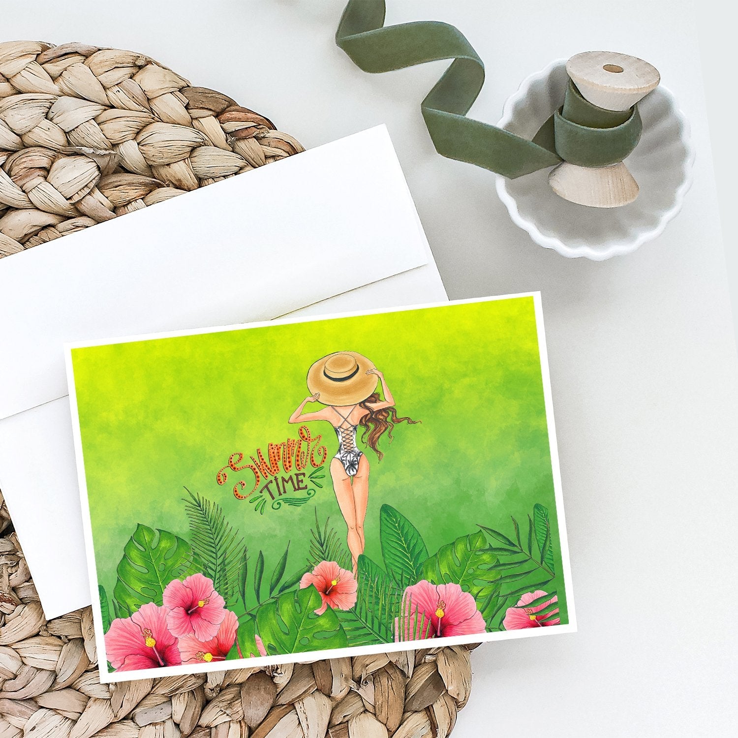 Summer Time Lady in Swimsuit Greeting Cards Pack of 8 Blank Cards with Envelopes Whimsical A7 Size 5x7