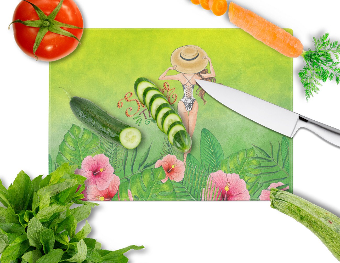 Summer Time Lady in Swimsuit Cutting Board Tempered Glass Kitchen Cutting Surface, Heat Resistant Chopping, Non-Slip Feet, Food Prep & Serving