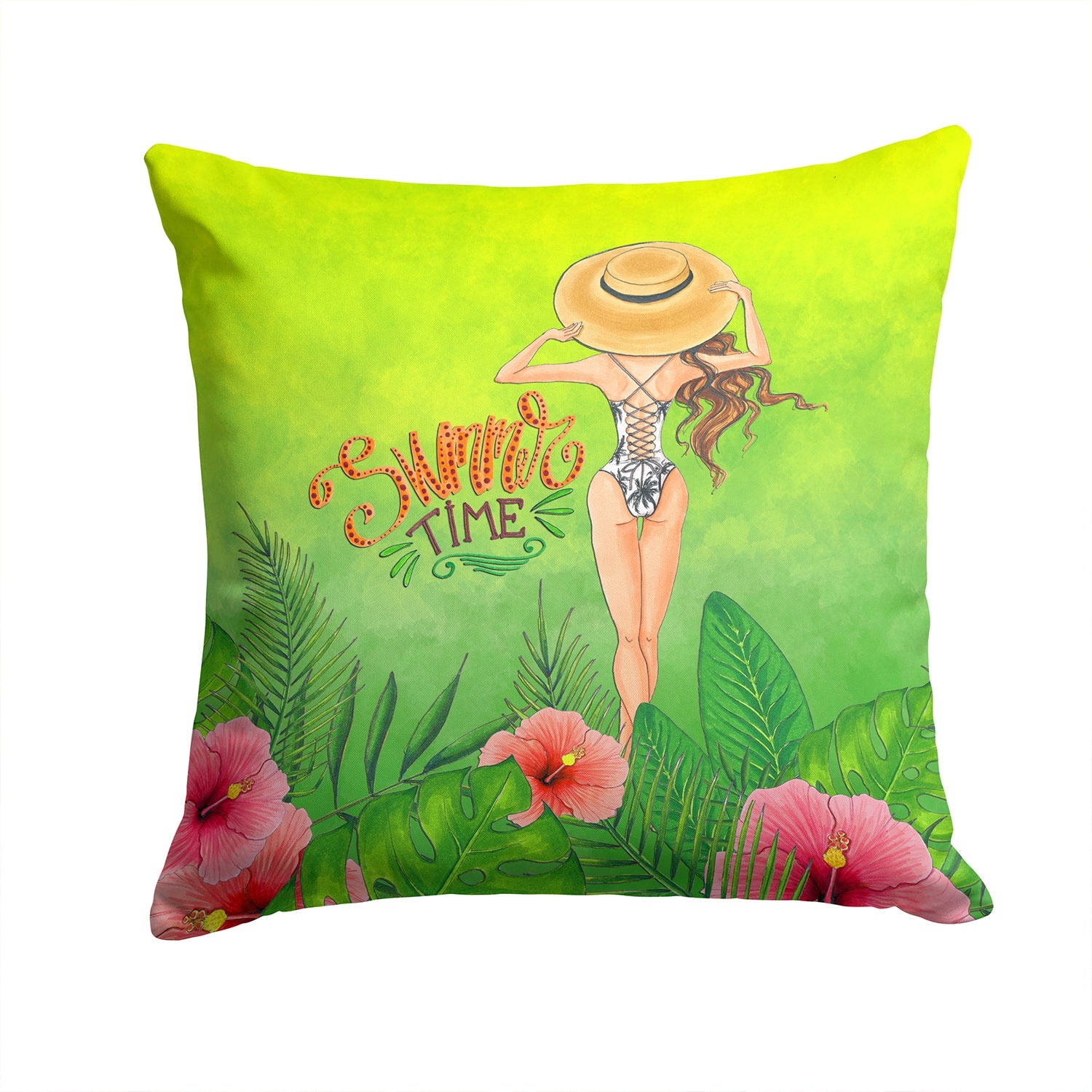 Summer Time Lady in Swimsuit Decorative Throw Pillow 14x14 Indoor Outdoor Accent Cushion, Fabric Cover with Insert for Sofa, Bed, Porch & Living Room