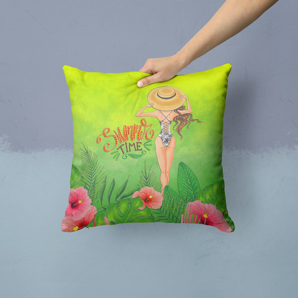 Summer Time Lady in Swimsuit Decorative Throw Pillow 14x14 Indoor Outdoor Accent Cushion, Fabric Cover with Insert for Sofa, Bed, Porch & Living Room