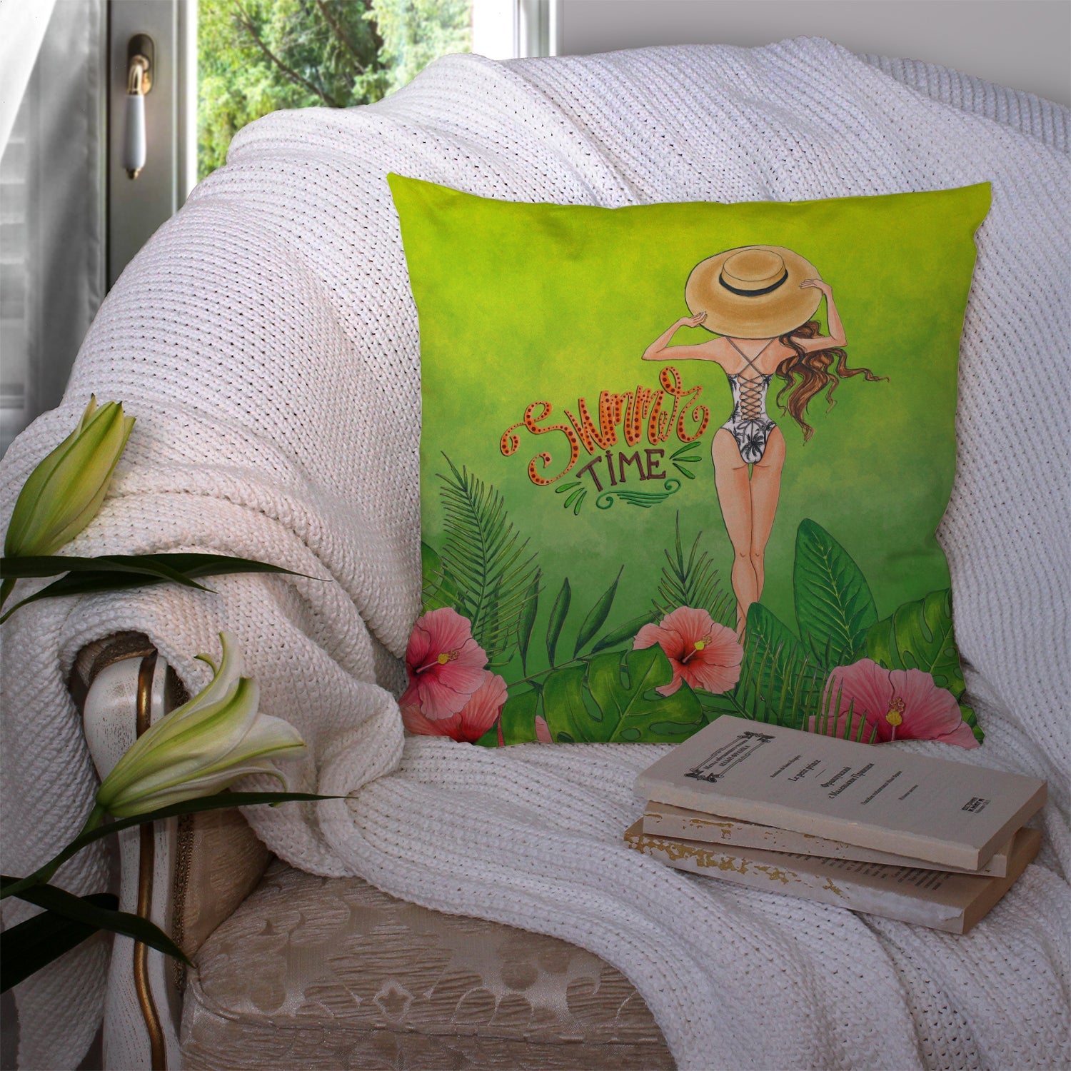 Summer Time Lady in Swimsuit Decorative Throw Pillow 14x14 Indoor Outdoor Accent Cushion, Fabric Cover with Insert for Sofa, Bed, Porch & Living Room
