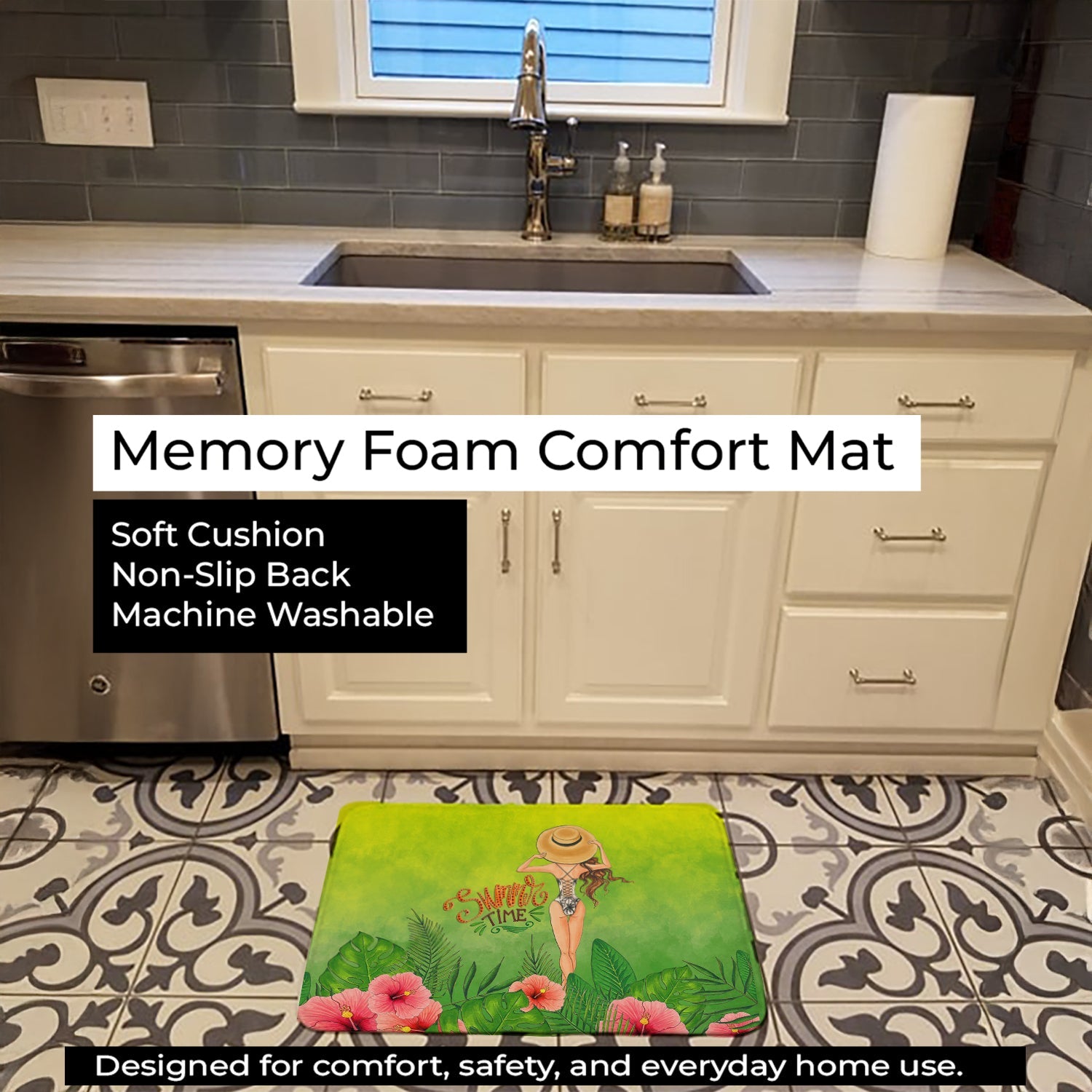 Summer Time Lady in Swimsuit Memory Foam Kitchen Mat Machine Washable Anti-Fatigue Cushion Comfort Bath or Kitchen Rug