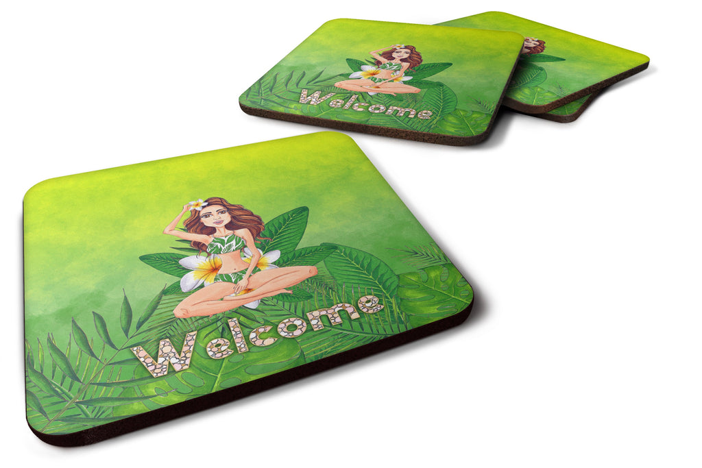 Welcome Lady in Bikini Summer Foam Coasters Set of 4 Cup Coasters for Indoor Outdoor, Tabletop Protection, Anti Slip, Mouse pad Material