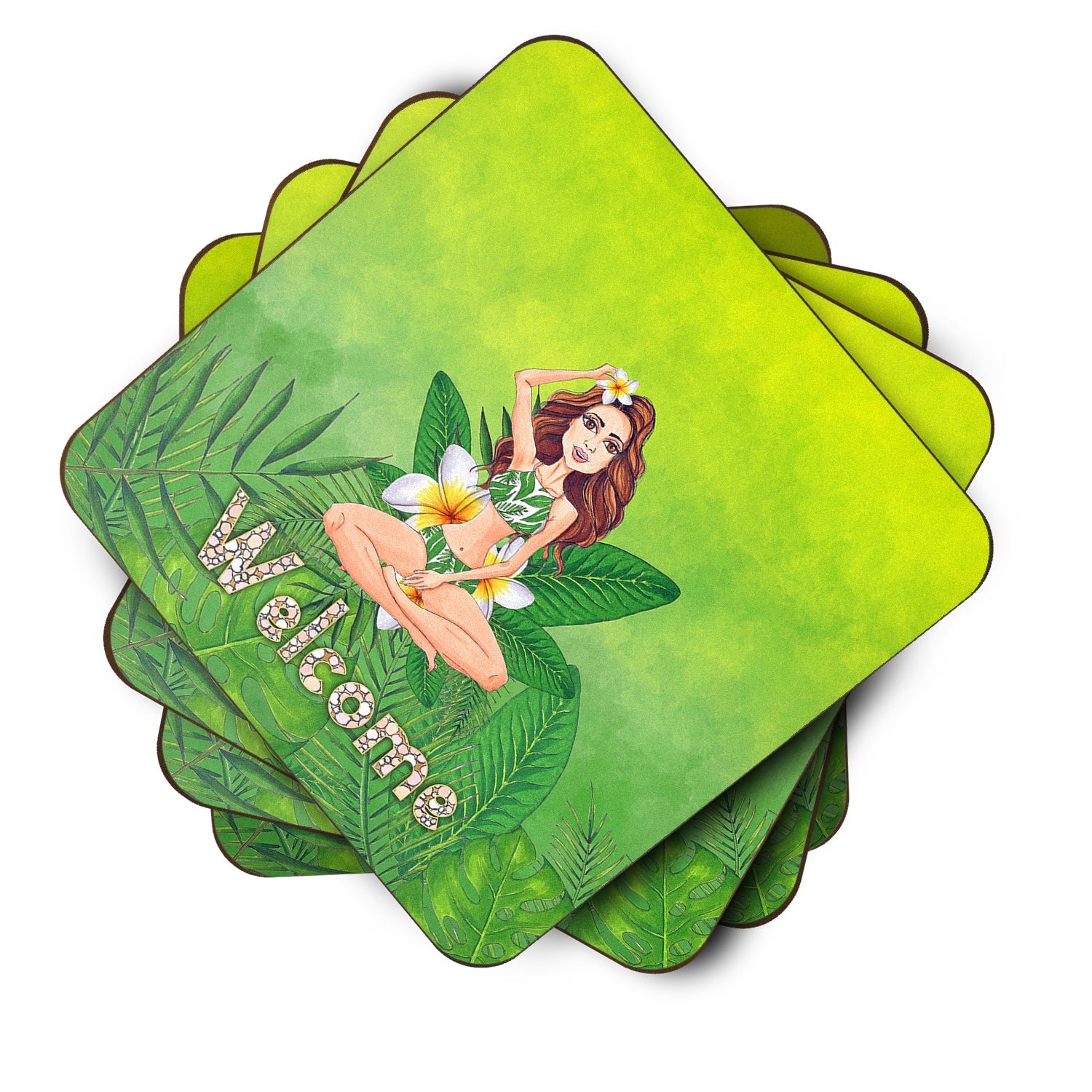 Welcome Lady in Bikini Summer Foam Coasters Set of 4 Cup Coasters for Indoor Outdoor, Tabletop Protection, Anti Slip, Mouse pad Material