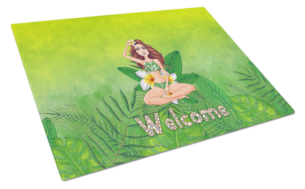 Welcome Lady in Bikini Summer Cutting Board Tempered Glass Kitchen Cutting Surface, Heat Resistant Chopping, Non-Slip Feet, Food Prep & Serving