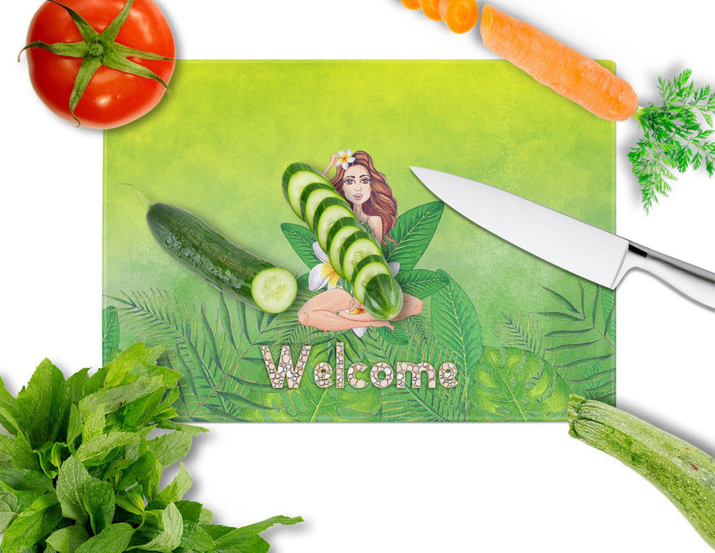 Welcome Lady in Bikini Summer Cutting Board Tempered Glass Kitchen Cutting Surface, Heat Resistant Chopping, Non-Slip Feet, Food Prep & Serving