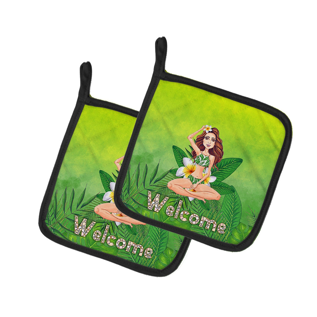 Welcome Lady in Bikini Summer Pot Holder Set of 2 Heat Resistant Quilted Hot Pads 7.5 x 7.5 Inch, Insulated Kitchen Trivets for Cooking & Baking