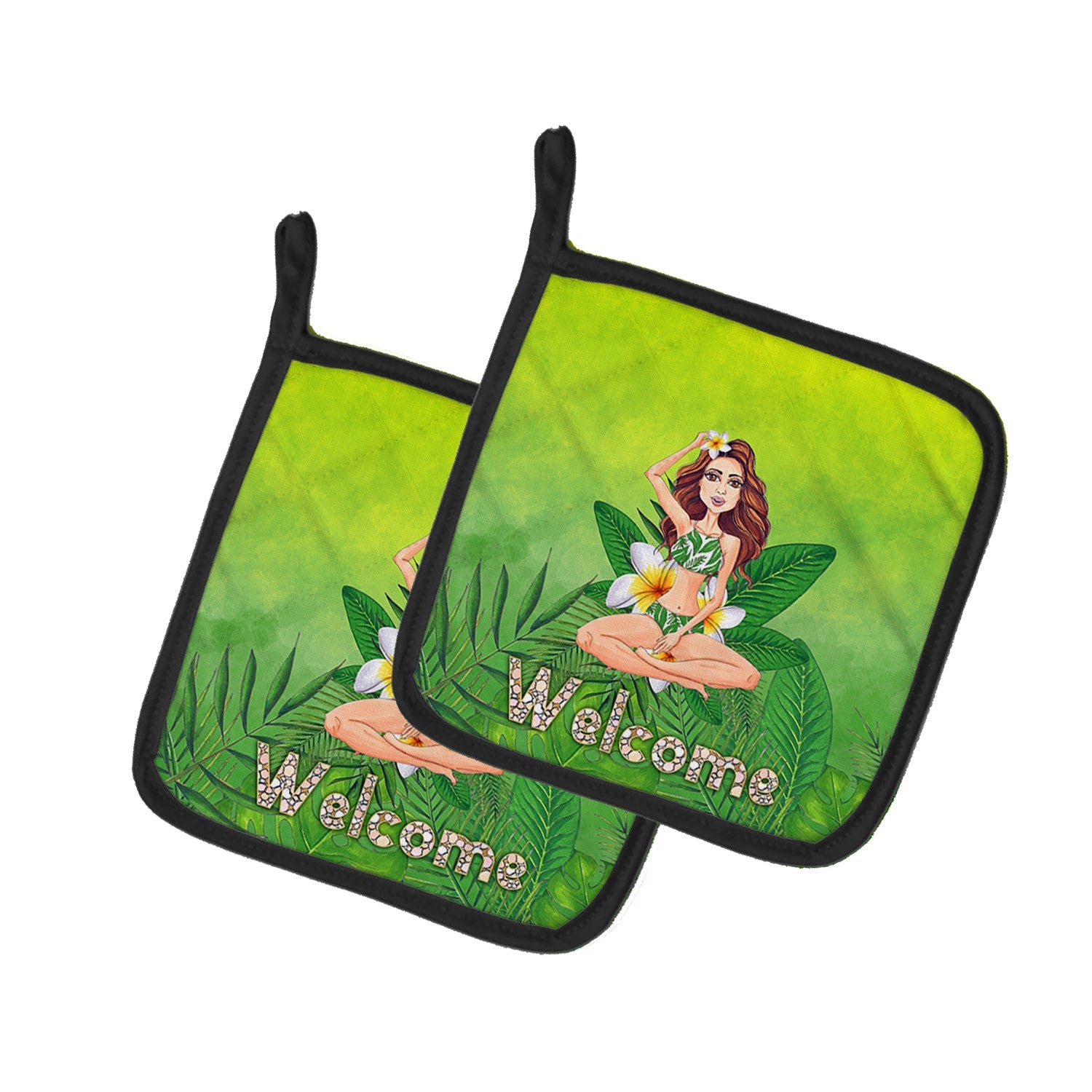 Welcome Lady in Bikini Summer Pot Holder Set of 2 Heat Resistant Quilted Hot Pads 7.5 x 7.5 Inch, Insulated Kitchen Trivets for Cooking & Baking