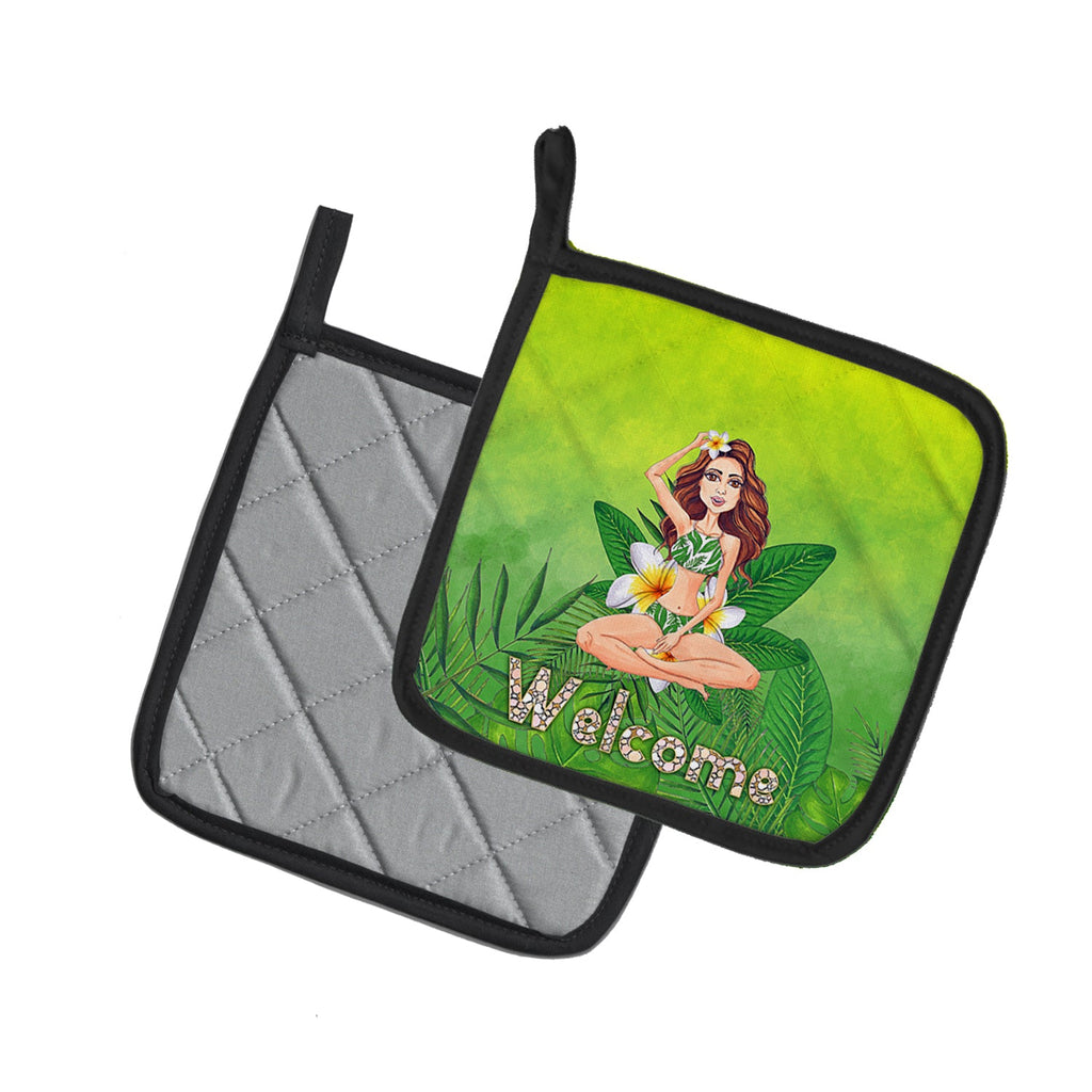Welcome Lady in Bikini Summer Pot Holder Set of 2 Heat Resistant Quilted Hot Pads 7.5 x 7.5 Inch, Insulated Kitchen Trivets for Cooking & Baking