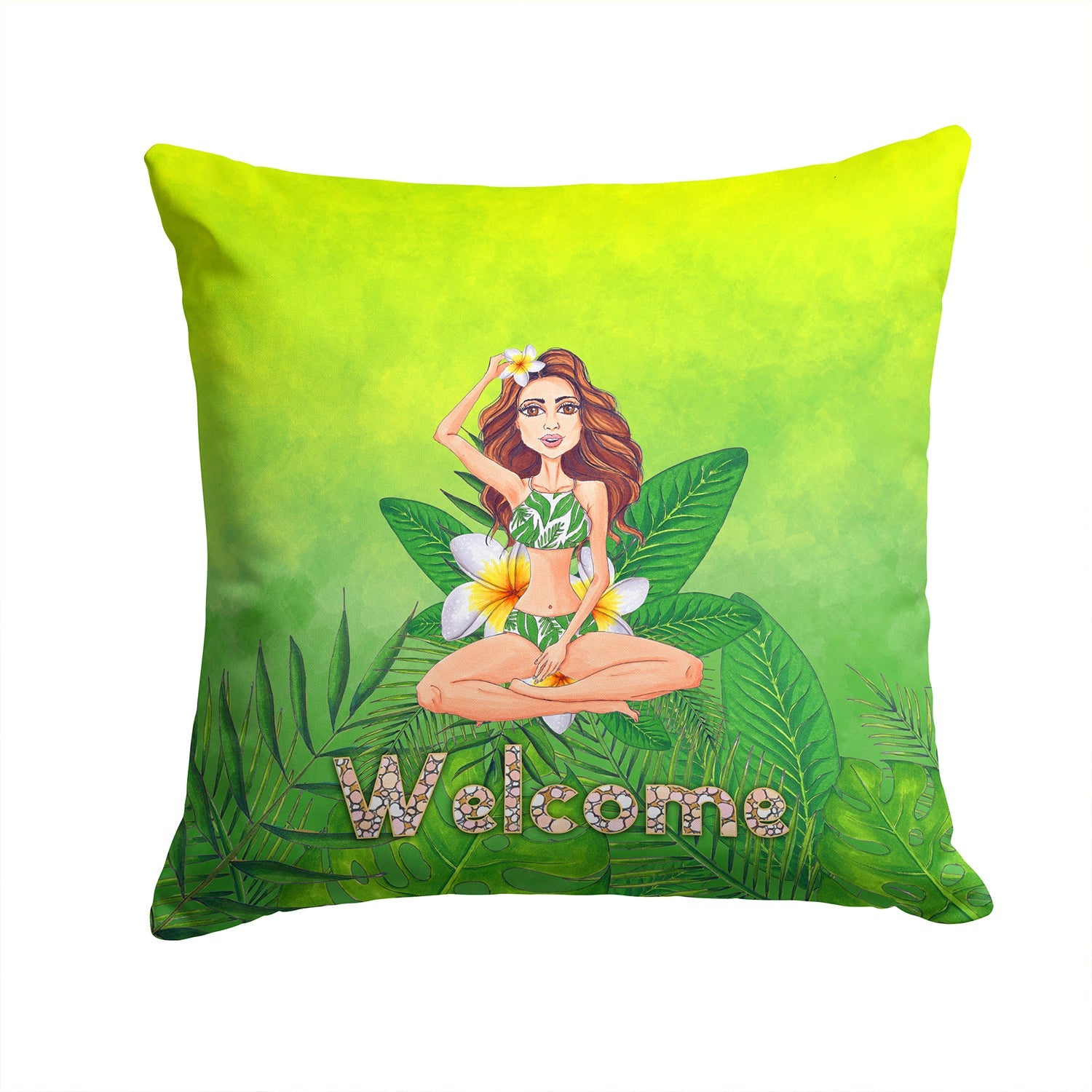 Welcome Lady in Bikini Summer Decorative Throw Pillow 14x14 Indoor Outdoor Accent Cushion, Fabric Cover with Insert for Sofa, Bed, Porch & Living Room