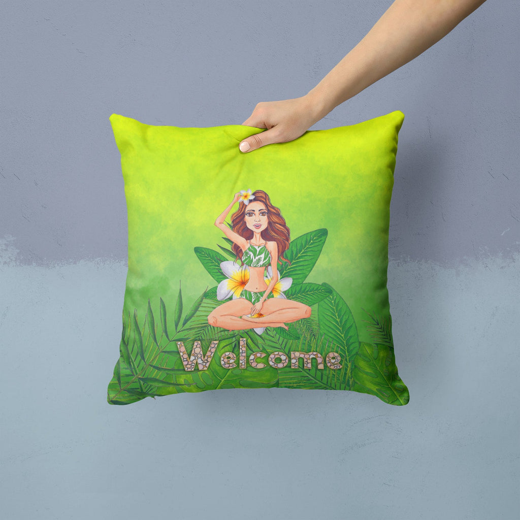 Welcome Lady in Bikini Summer Decorative Throw Pillow 14x14 Indoor Outdoor Accent Cushion, Fabric Cover with Insert for Sofa, Bed, Porch & Living Room