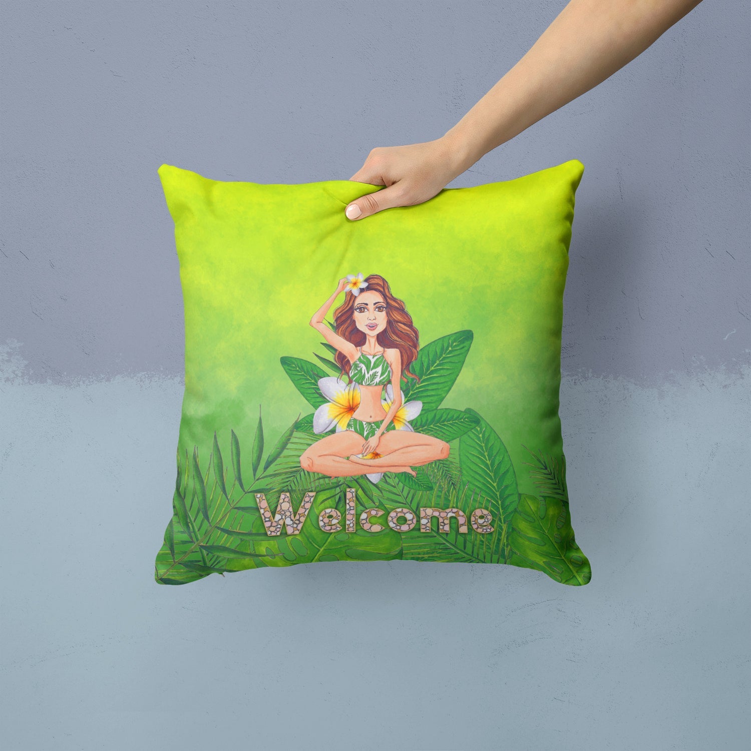 Welcome Lady in Bikini Summer Decorative Throw Pillow 14x14 Indoor Outdoor Accent Cushion, Fabric Cover with Insert for Sofa, Bed, Porch & Living Room