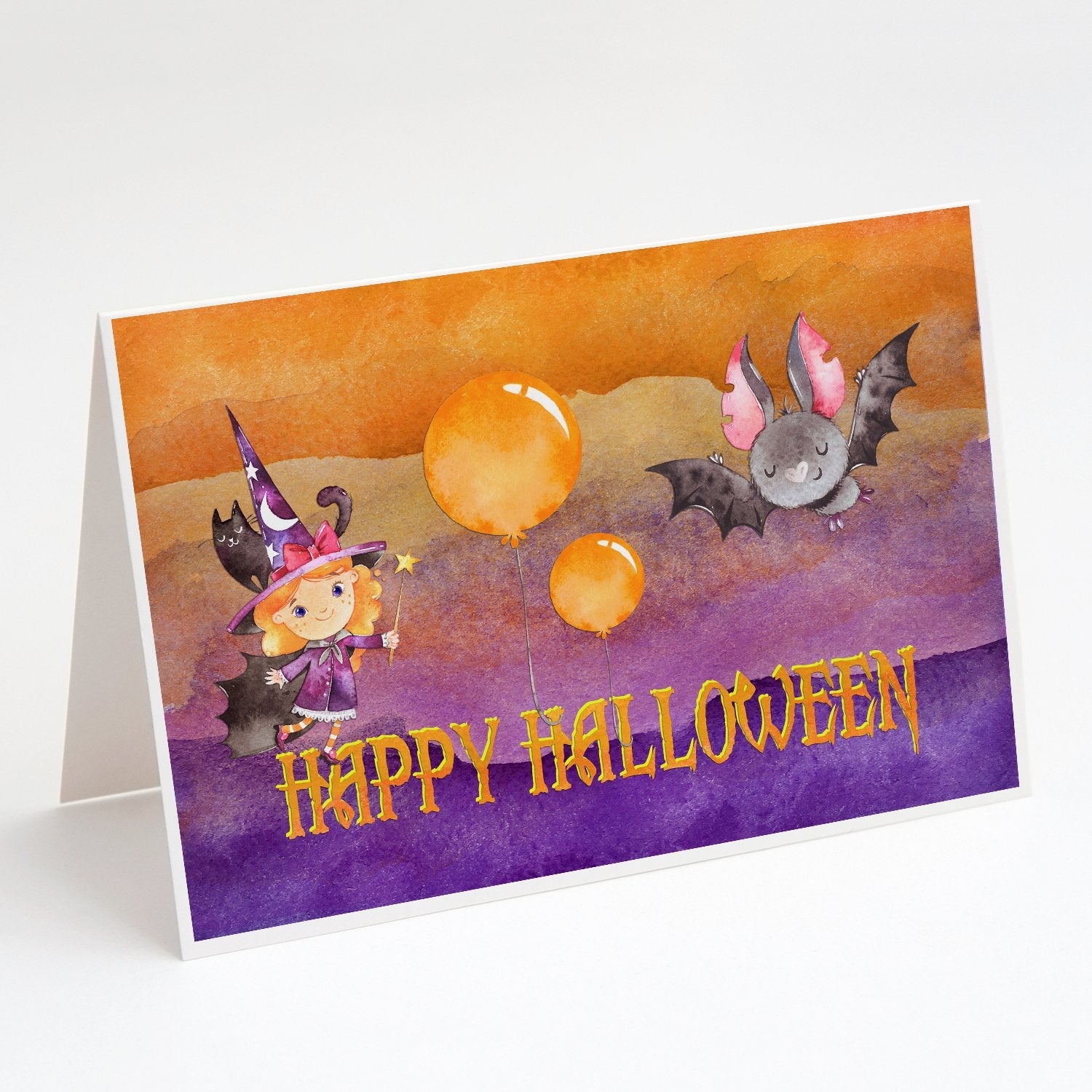 Halloween Little Witch and Bat Greeting Cards Pack of 8 Blank Cards with Envelopes Whimsical A7 Size 5x7