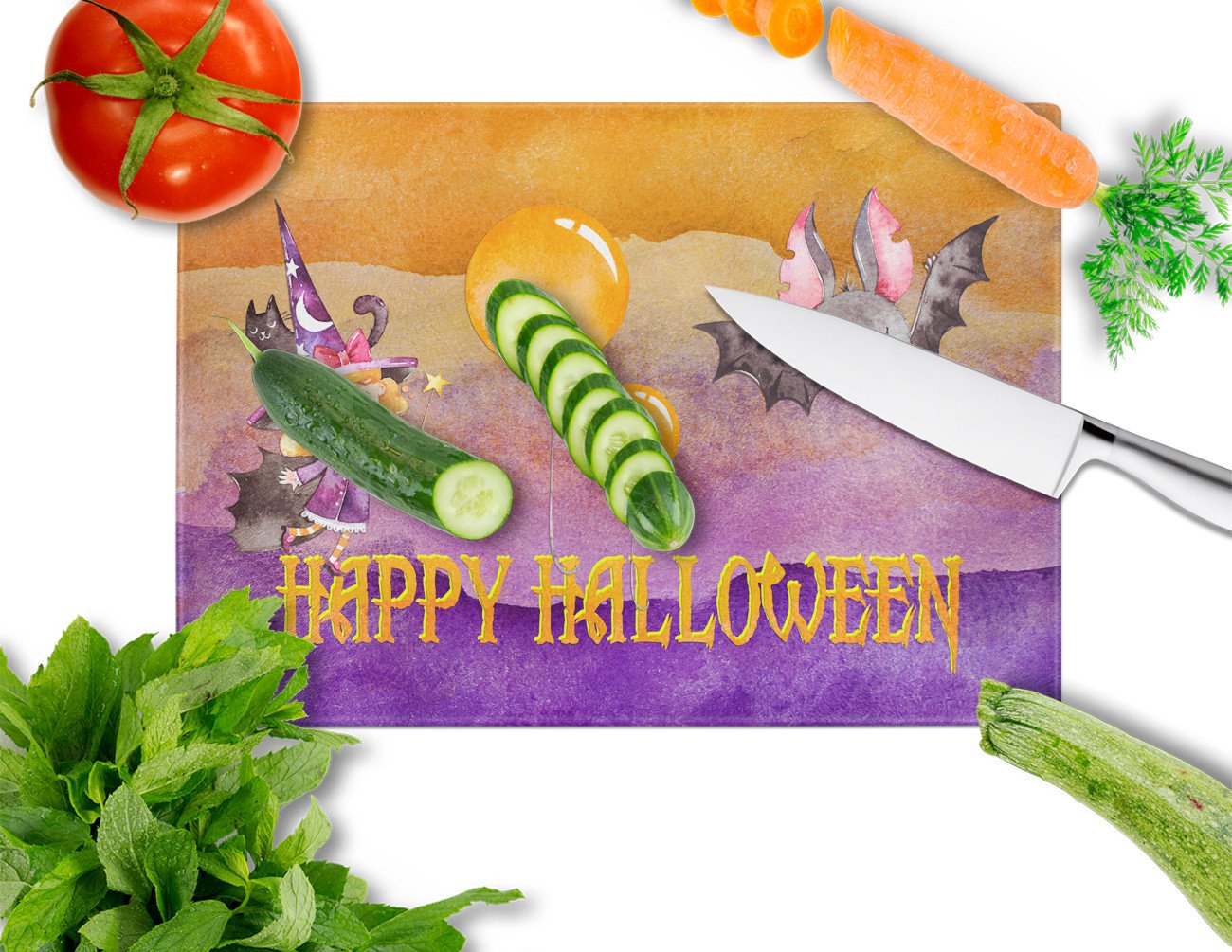 Halloween Little Witch and Bat Cutting Board Tempered Glass Kitchen Cutting Surface, Heat Resistant Chopping, Non-Slip Feet, Food Prep & Serving
