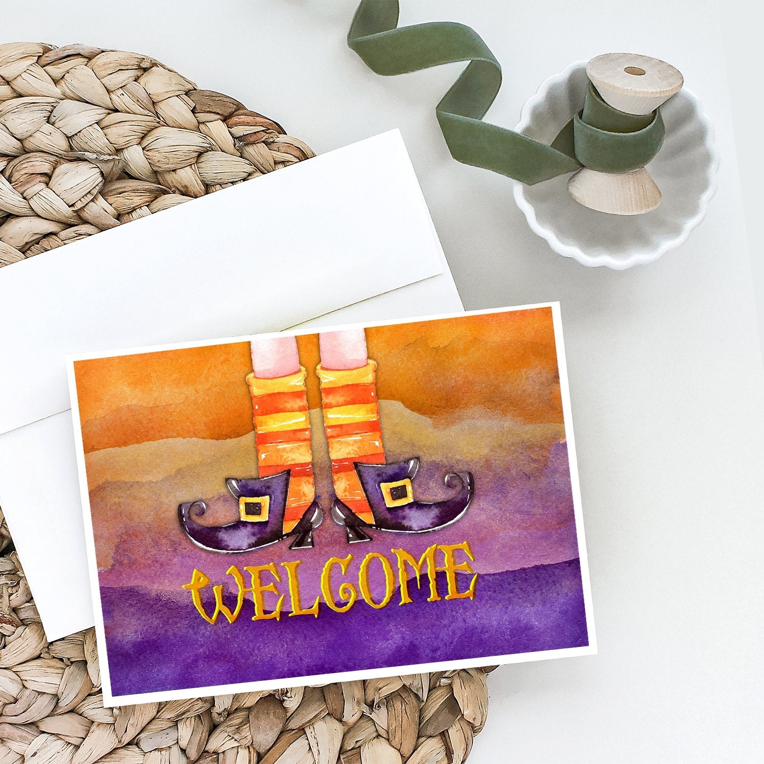 Halloween Welcome Witches Feet Greeting Cards Pack of 8 Blank Cards with Envelopes Whimsical A7 Size 5x7