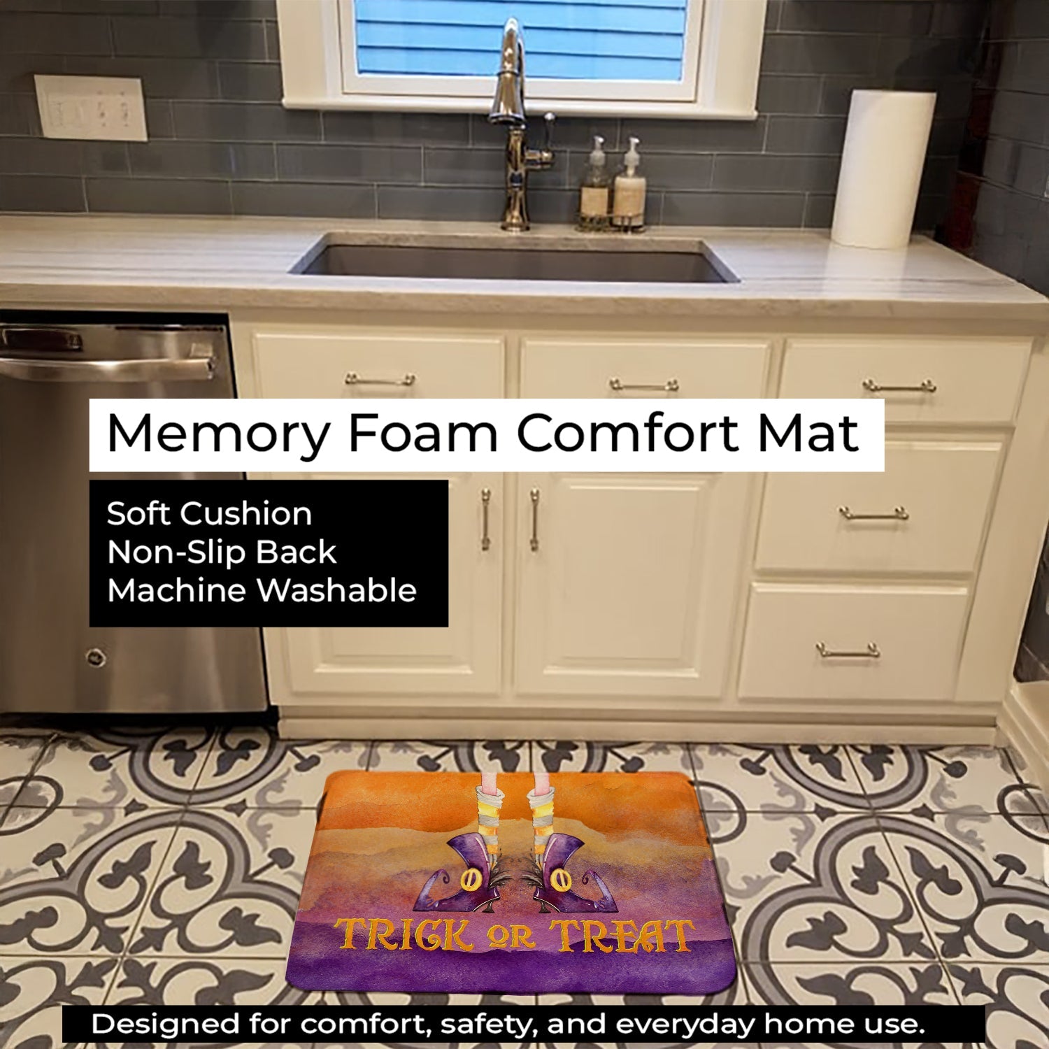 Halloween Trick Witches Feet Memory Foam Kitchen Mat Machine Washable Anti-Fatigue Cushion Comfort Bath or Kitchen Rug