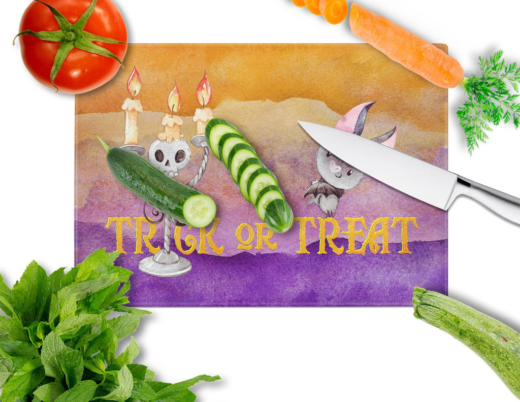 Halloween Trick or Treat Cutting Board Tempered Glass Kitchen Cutting Surface, Heat Resistant Chopping, Non-Slip Feet, Food Prep & Serving
