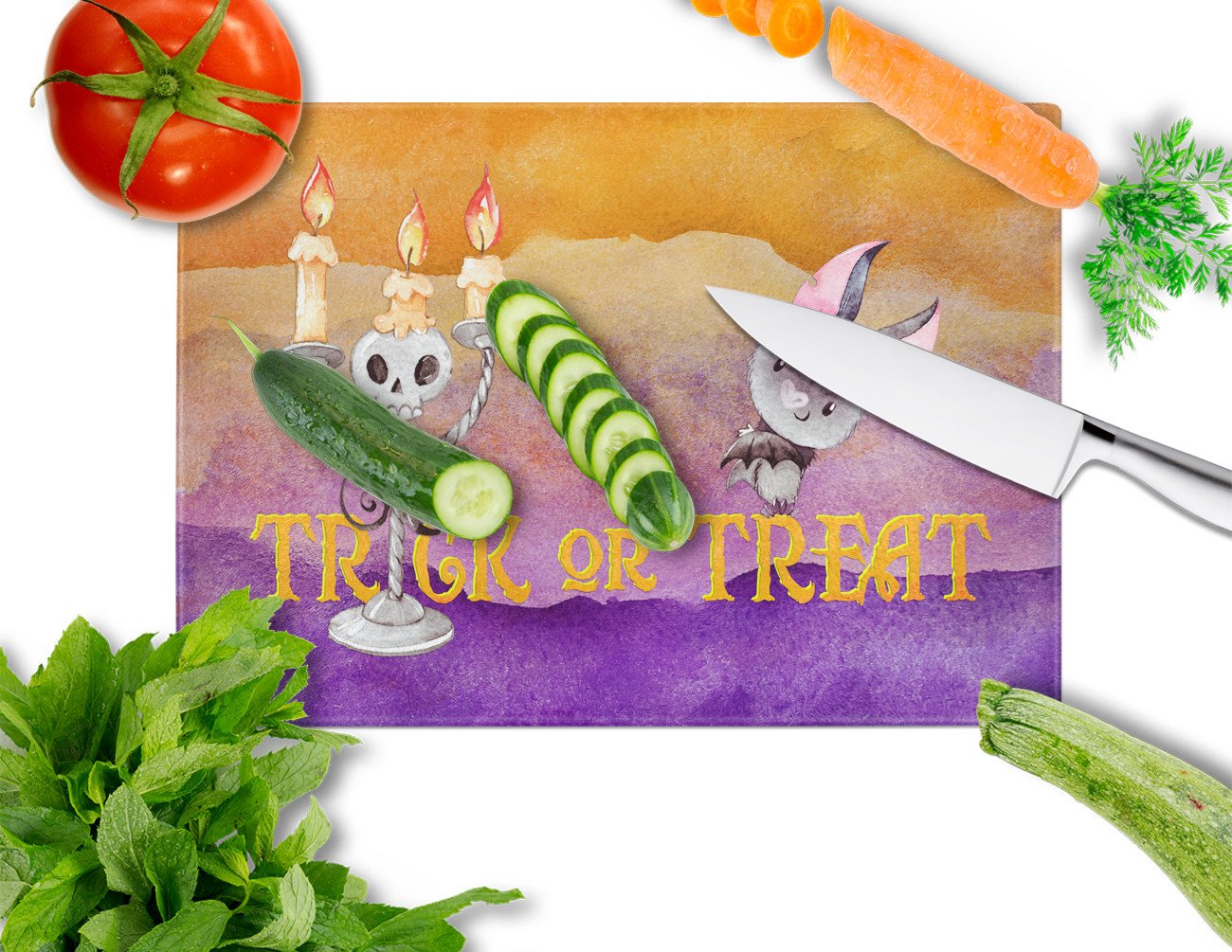 Halloween Trick or Treat Cutting Board Tempered Glass Kitchen Cutting Surface, Heat Resistant Chopping, Non-Slip Feet, Food Prep & Serving