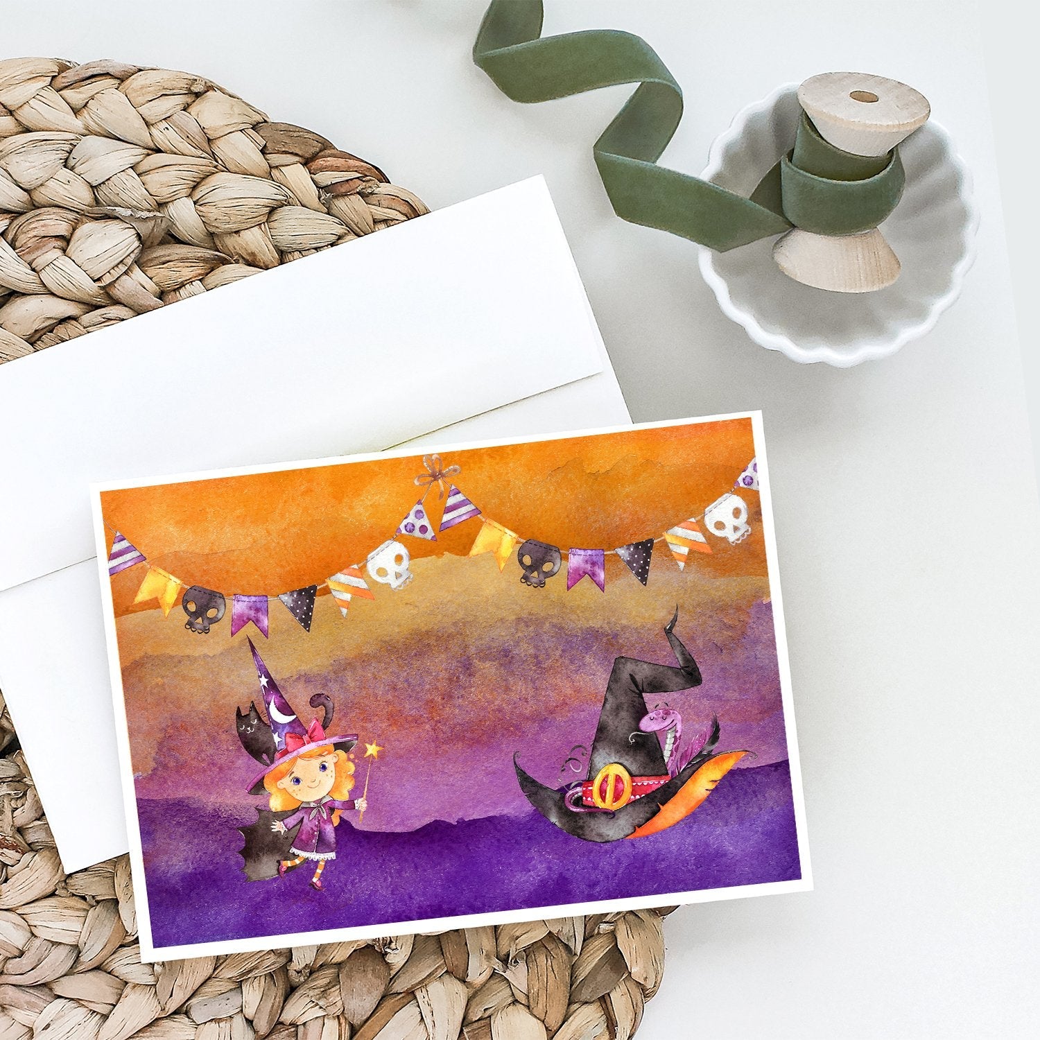 Halloween Little Witch Party Greeting Cards Pack of 8 Blank Cards with Envelopes Whimsical A7 Size 5x7