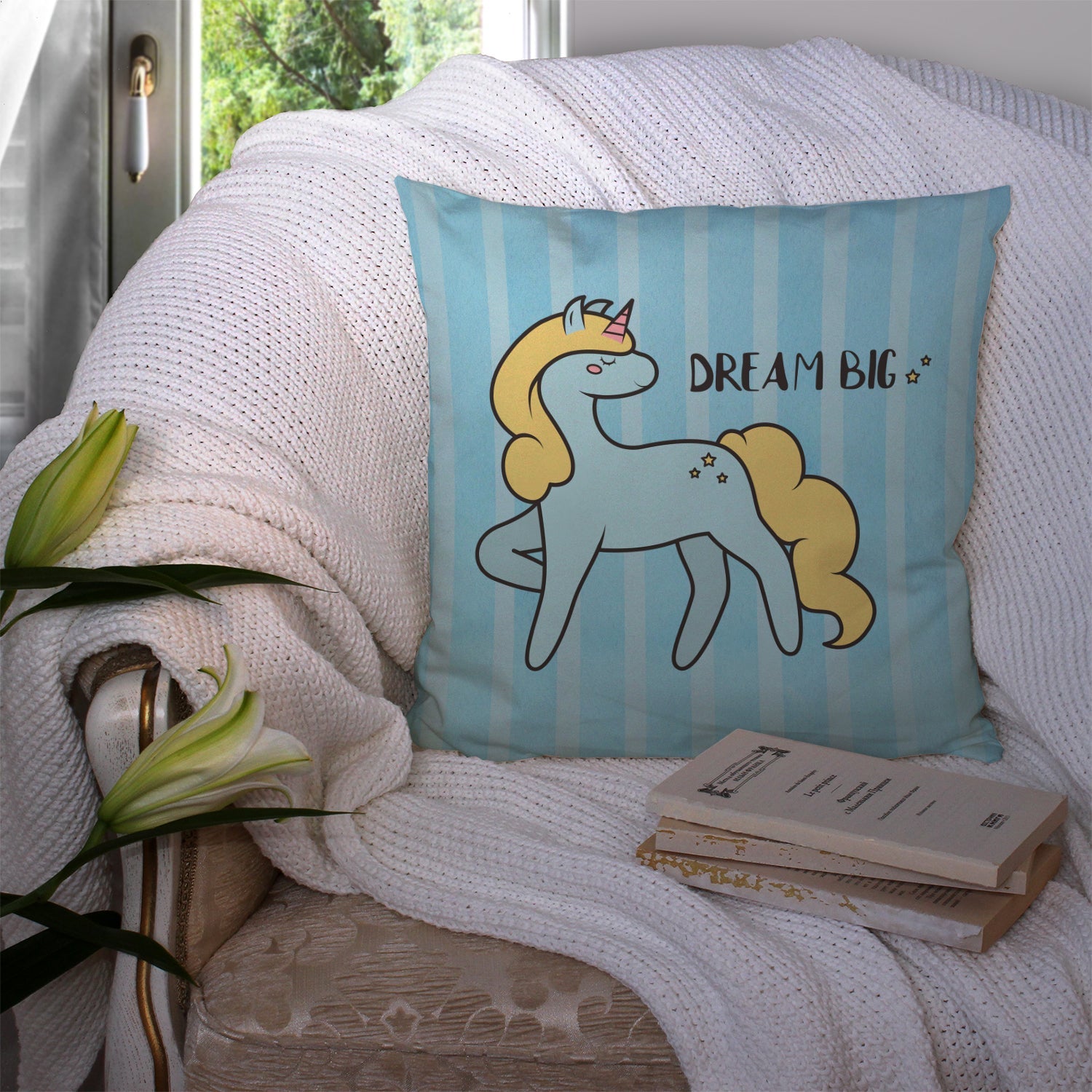 Nursery Dream Big Unicorn Decorative Throw Pillow 14x14 Indoor Outdoor Accent Cushion, Fabric Cover with Insert for Sofa, Bed, Porch & Living Room