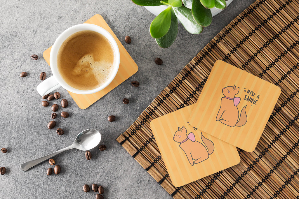 Nursery Rise and Shine Cat Foam Coasters Set of 4 Cup Coasters for Indoor Outdoor, Tabletop Protection, Anti Slip, Mouse pad Material