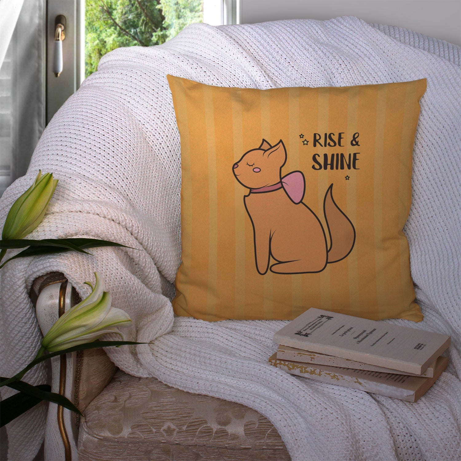 Nursery Rise and Shine Cat Decorative Throw Pillow 14x14 Indoor Outdoor Accent Cushion, Fabric Cover with Insert for Sofa, Bed, Porch & Living Room