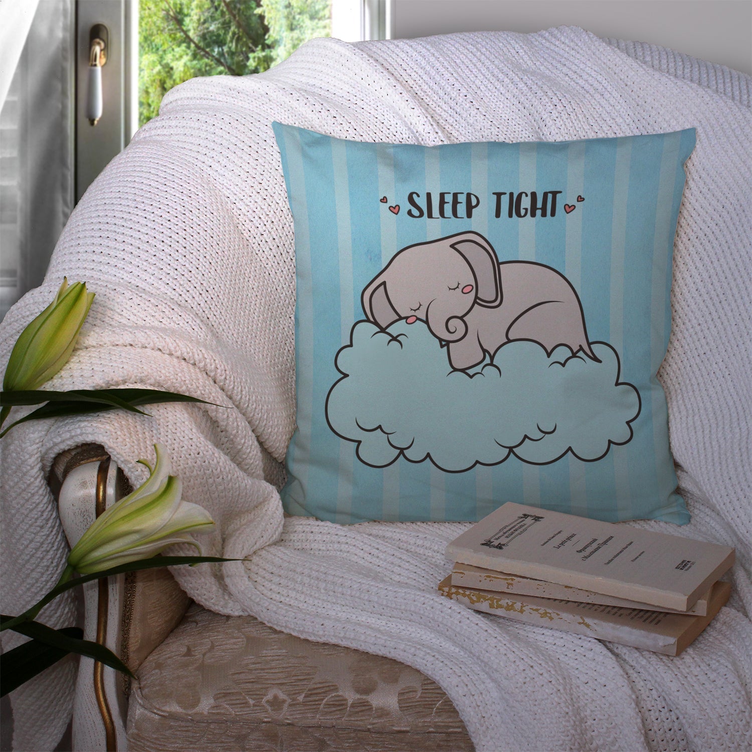 Nursery Sleep Tight Elephant Decorative Throw Pillow 14x14 Indoor Outdoor Accent Cushion, Fabric Cover with Insert for Sofa, Bed, Porch & Living Room