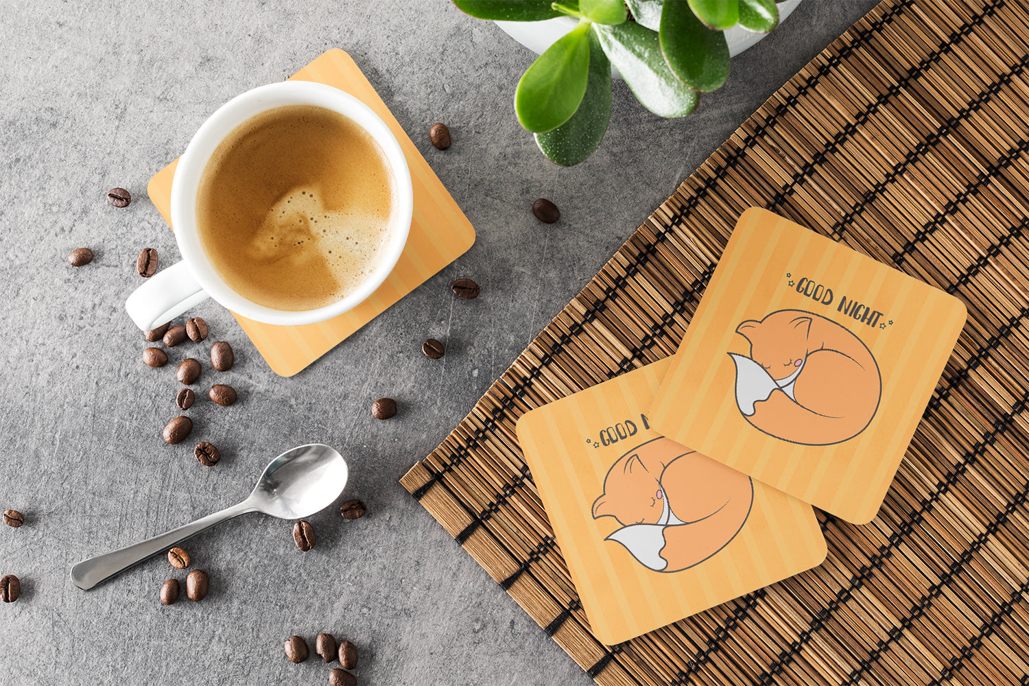 Nursery Good Night Fox Foam Coasters Set of 4 Cup Coasters for Indoor Outdoor, Tabletop Protection, Anti Slip, Mouse pad Material