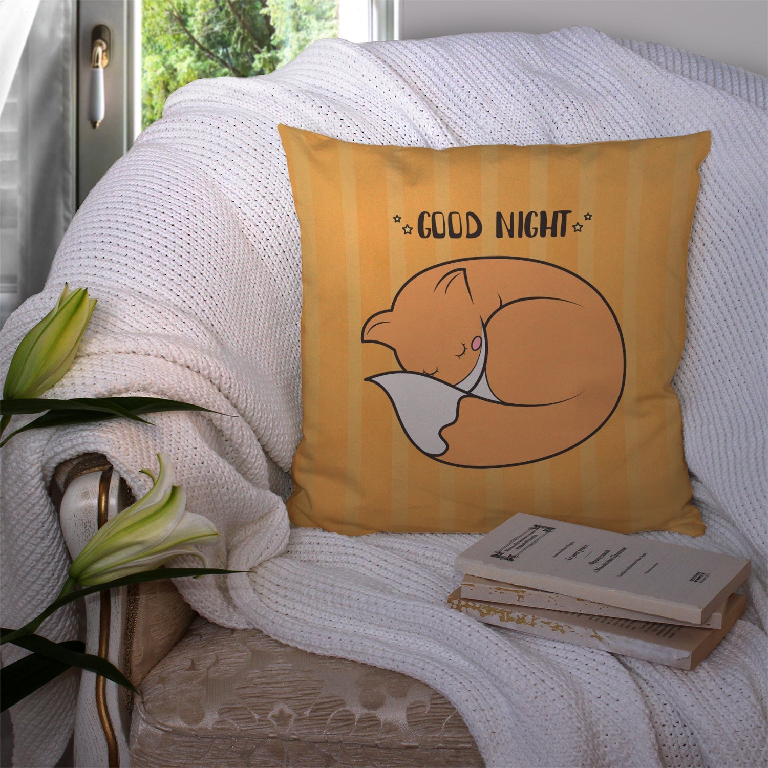 Nursery Good Night Fox Decorative Throw Pillow 14x14 Indoor Outdoor Accent Cushion, Fabric Cover with Insert for Sofa, Bed, Porch & Living Room