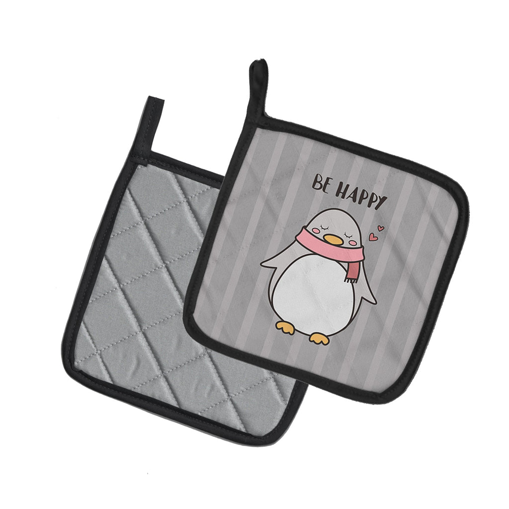 Nursery Be Happy Penquin Pot Holder Set of 2 Heat Resistant Quilted Hot Pads 7.5 x 7.5 Inch, Insulated Kitchen Trivets for Cooking & Baking