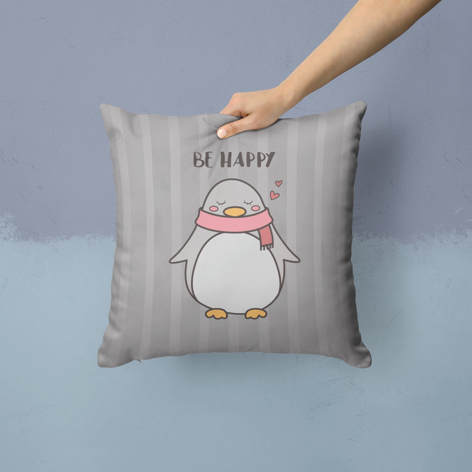 Nursery Be Happy Penquin Decorative Throw Pillow 14x14 Indoor Outdoor Accent Cushion, Fabric Cover with Insert for Sofa, Bed, Porch & Living Room