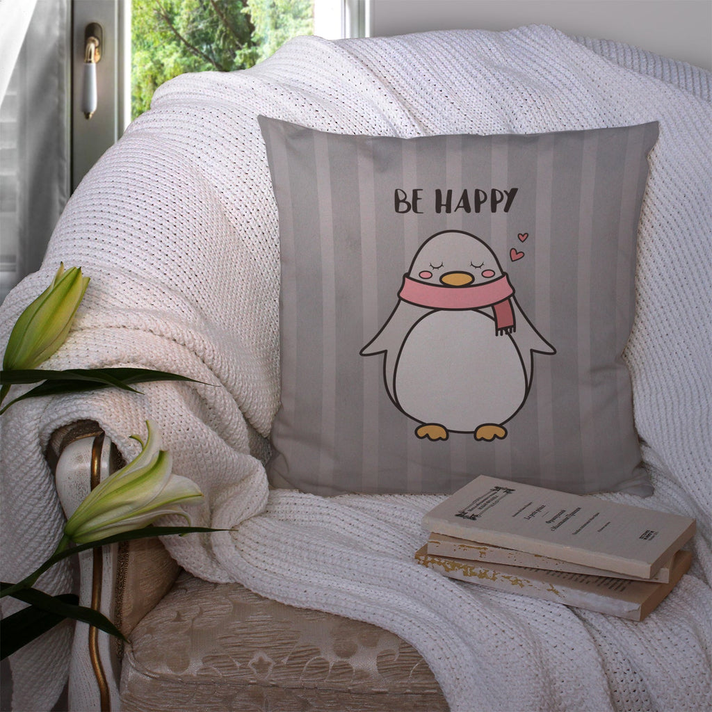 Nursery Be Happy Penquin Decorative Throw Pillow 14x14 Indoor Outdoor Accent Cushion, Fabric Cover with Insert for Sofa, Bed, Porch & Living Room
