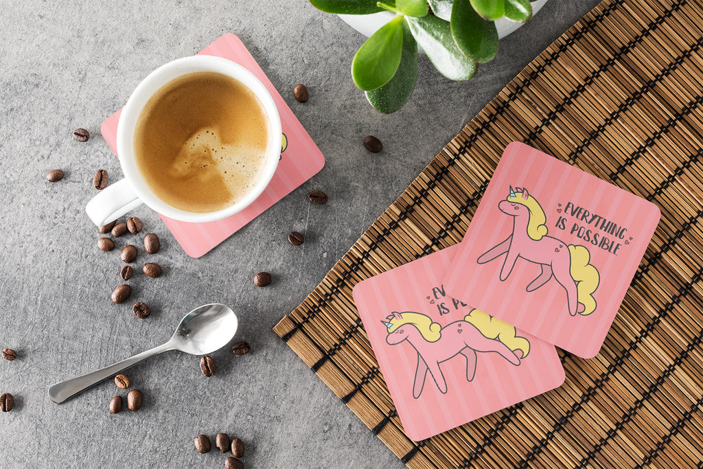 Nursery Everything is Possible Unicorn Foam Coasters Set of 4 Cup Coasters for Indoor Outdoor, Tabletop Protection, Anti Slip, Mouse pad Material