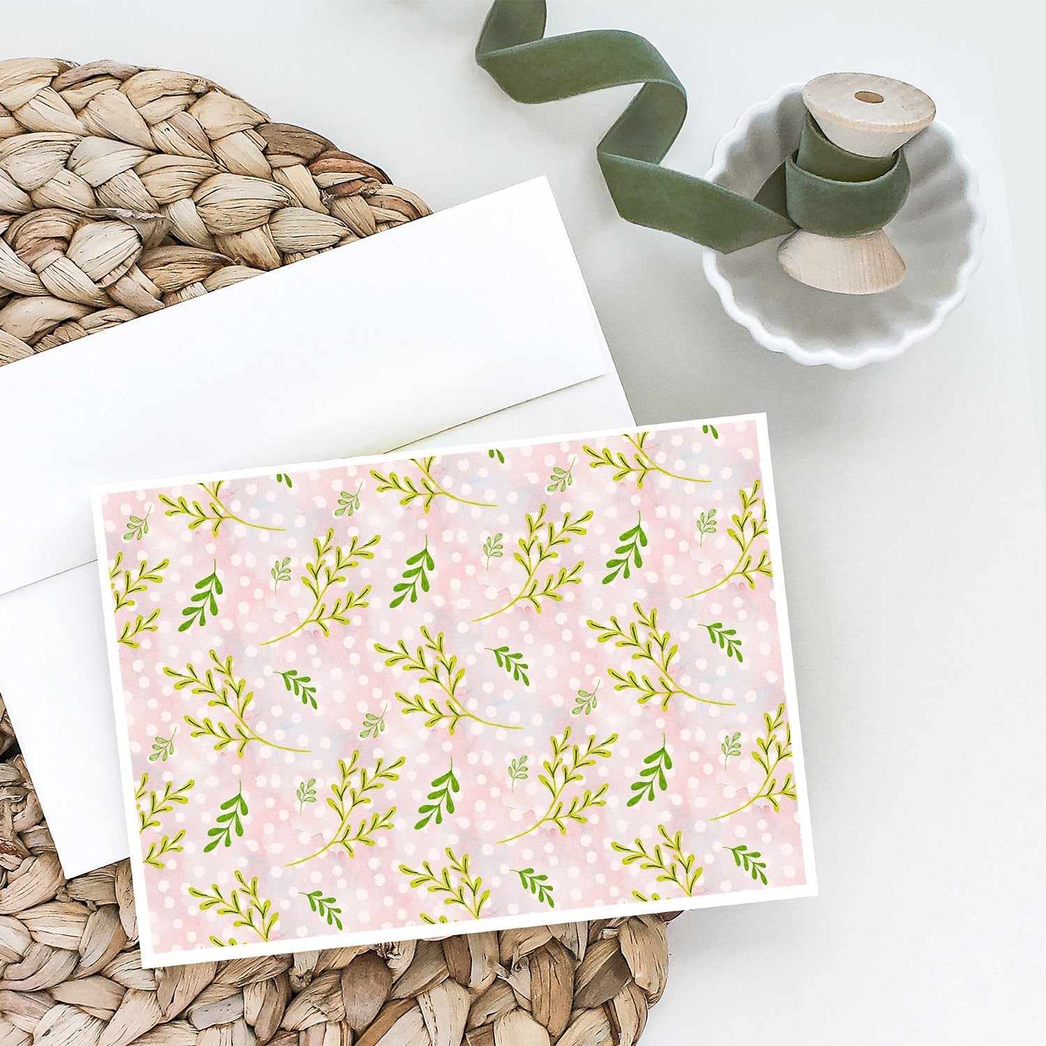 Watercolor Leaves Pink Greeting Cards Pack of 8 Blank Cards with Envelopes Whimsical A7 Size 5x7