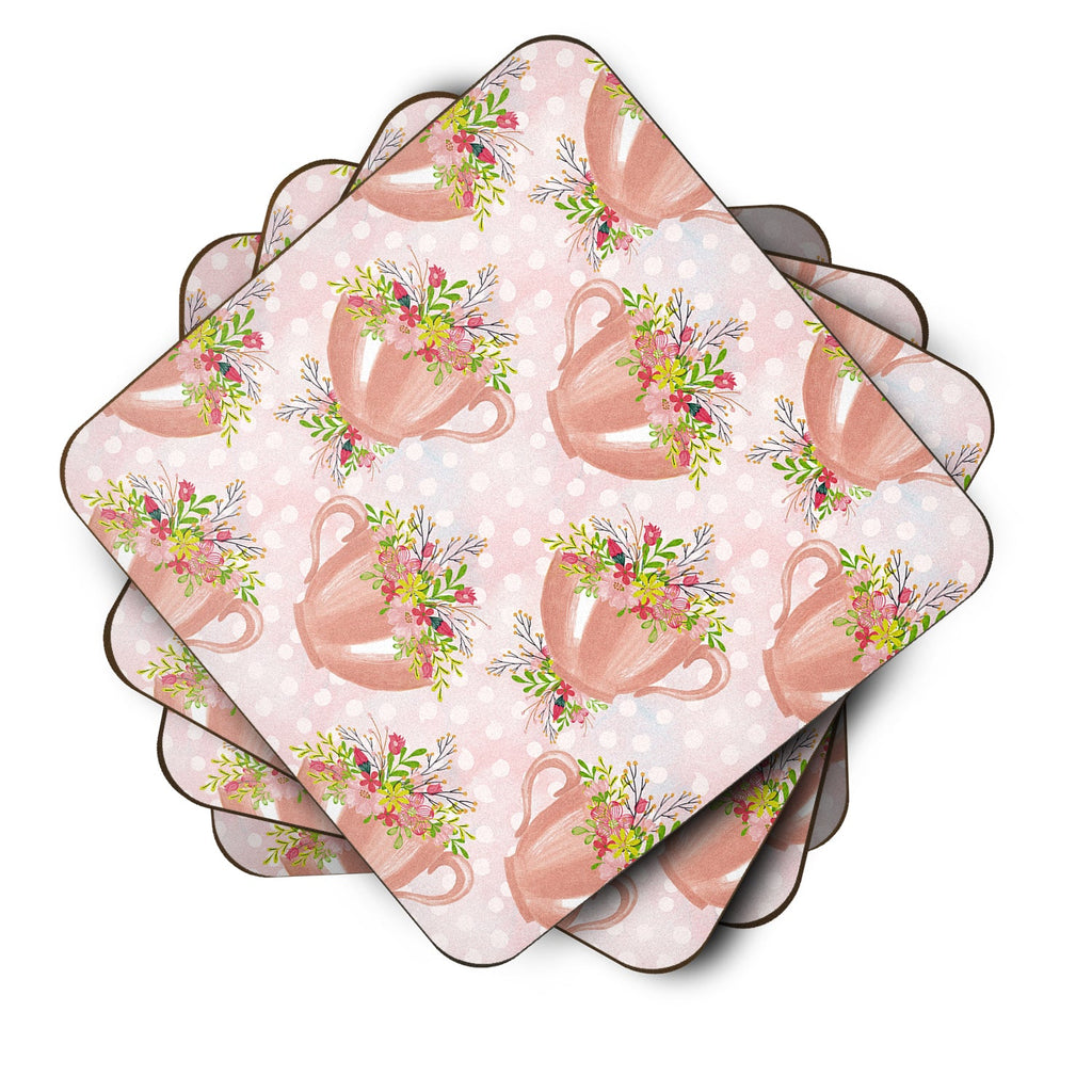 Tea Cup and Flowers Pink Foam Coasters Set of 4 Cup Coasters for Indoor Outdoor, Tabletop Protection, Anti Slip, Mouse pad Material