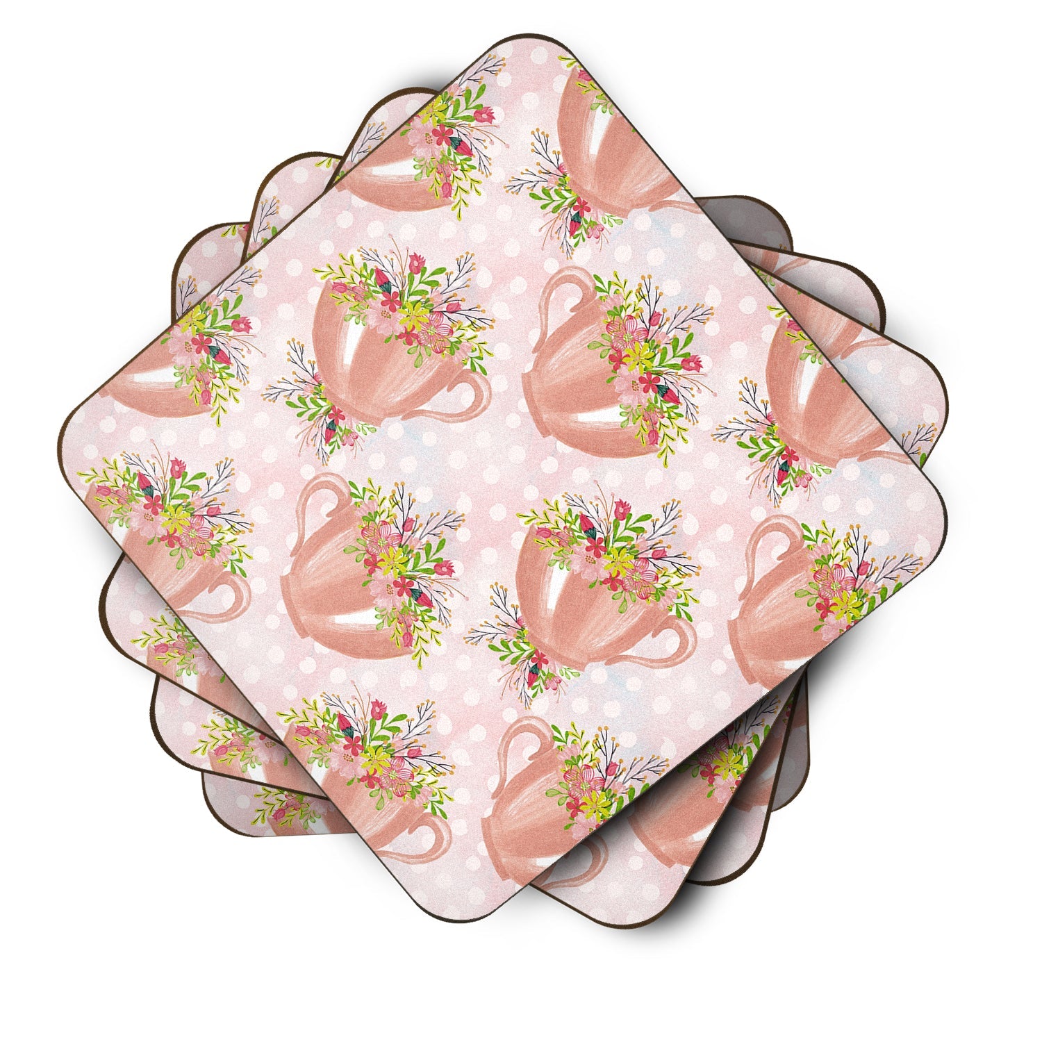 Tea Cup and Flowers Pink Foam Coasters Set of 4 Cup Coasters for Indoor Outdoor, Tabletop Protection, Anti Slip, Mouse pad Material